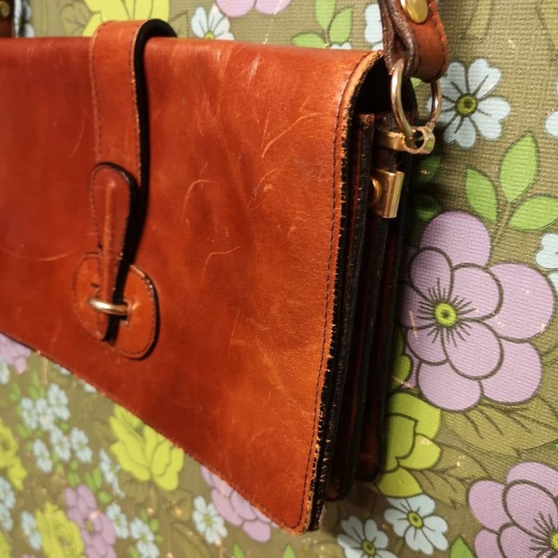 Vintage 60's 70's Brown Leather Satchel Shoulder Handbag