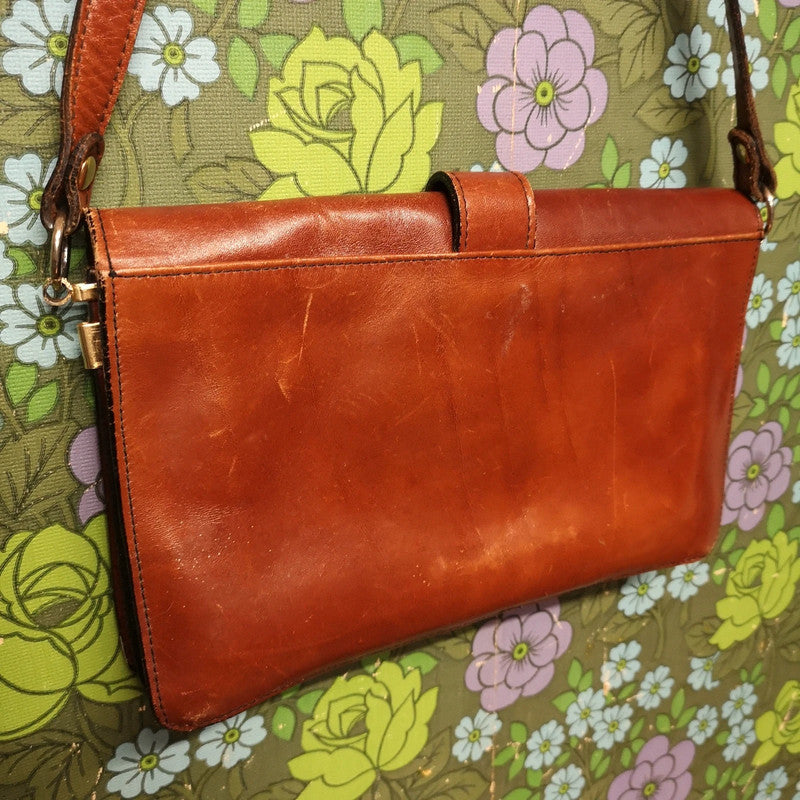 Vintage 60's 70's Brown Leather Satchel Shoulder Handbag