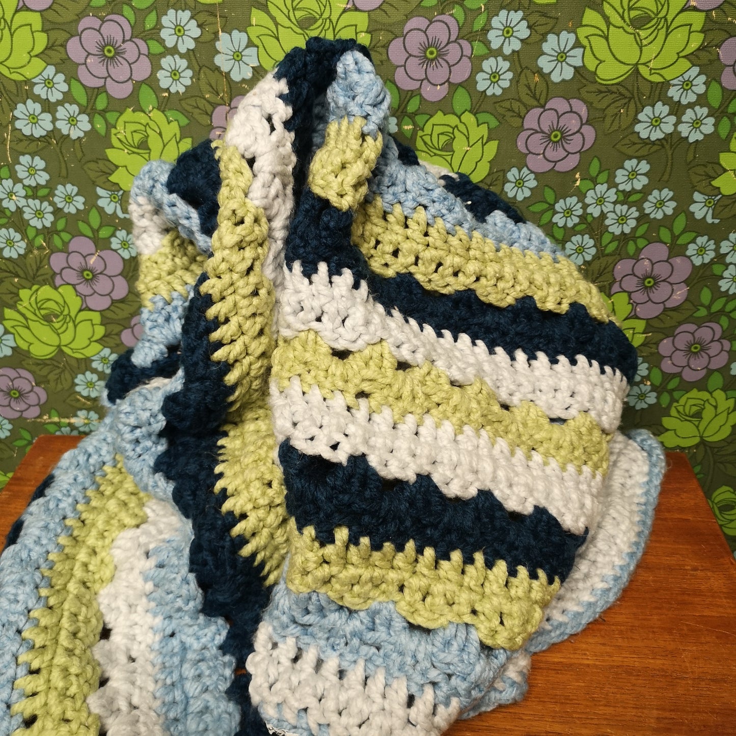 Chunky Knitted Green Blue Stripy Chair Blanket Throw
