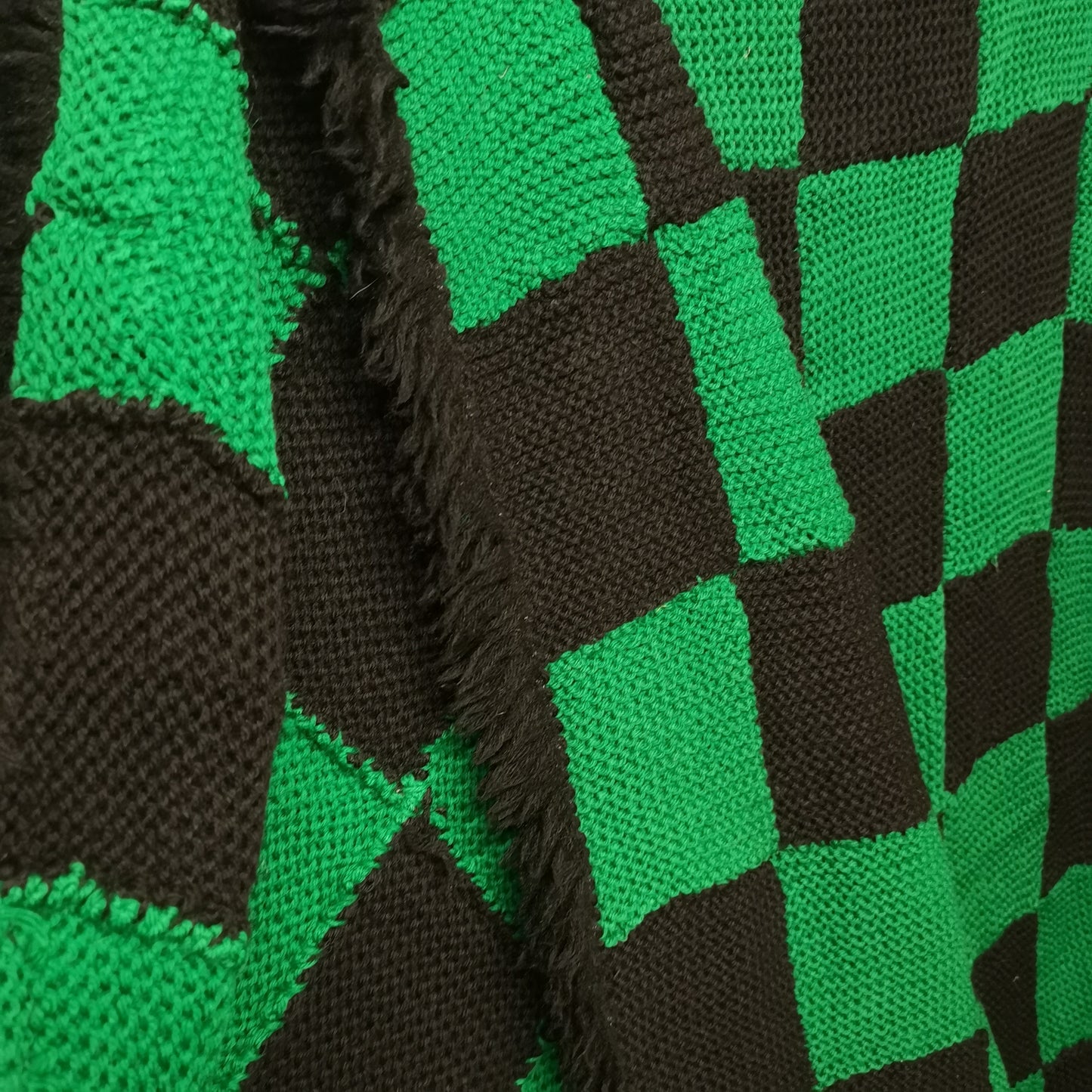Green Black Checked Squares Patchwork Fringed Knitted Blanket
