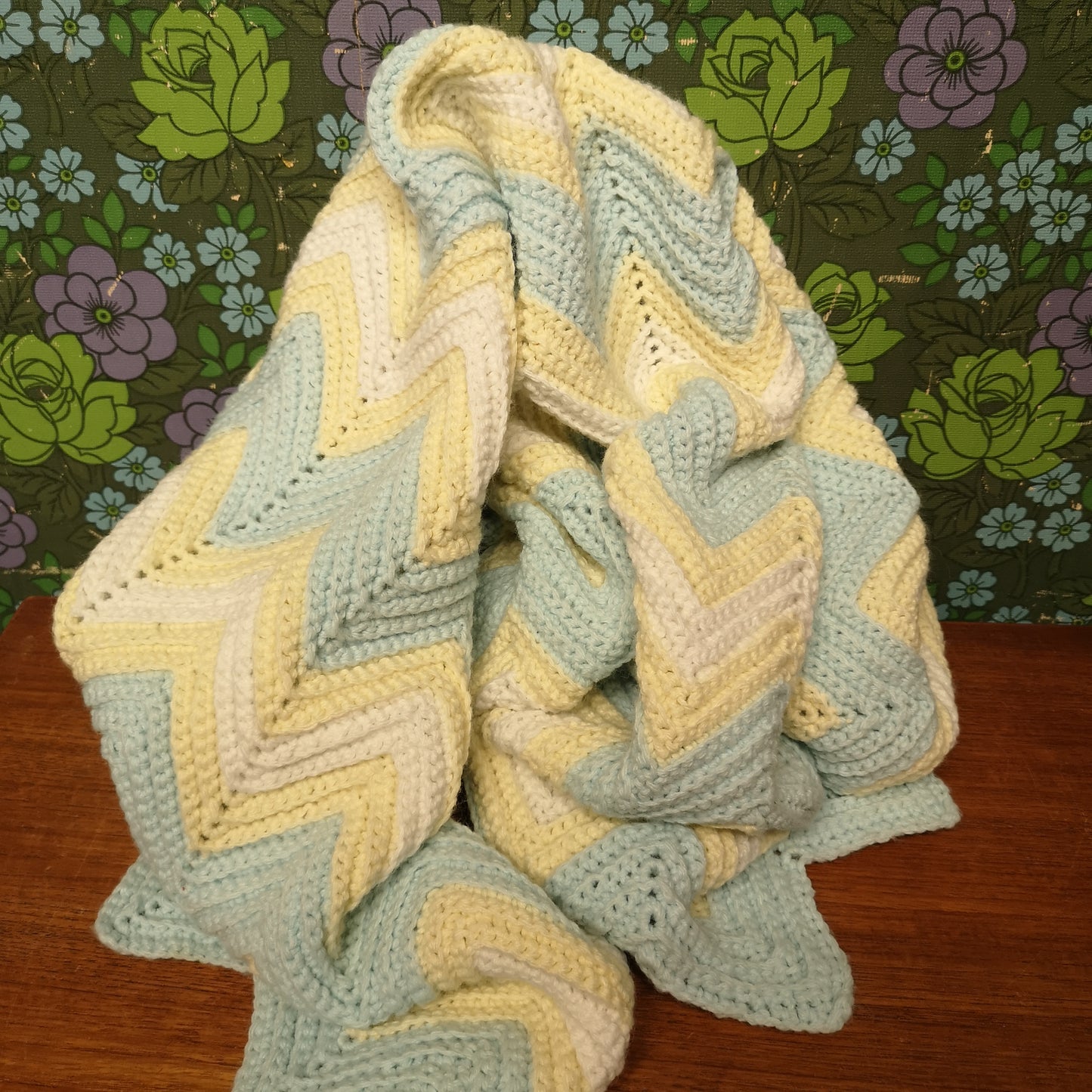 Pastel Blue Yellow Stripy Knitted Lap Blanket Throw