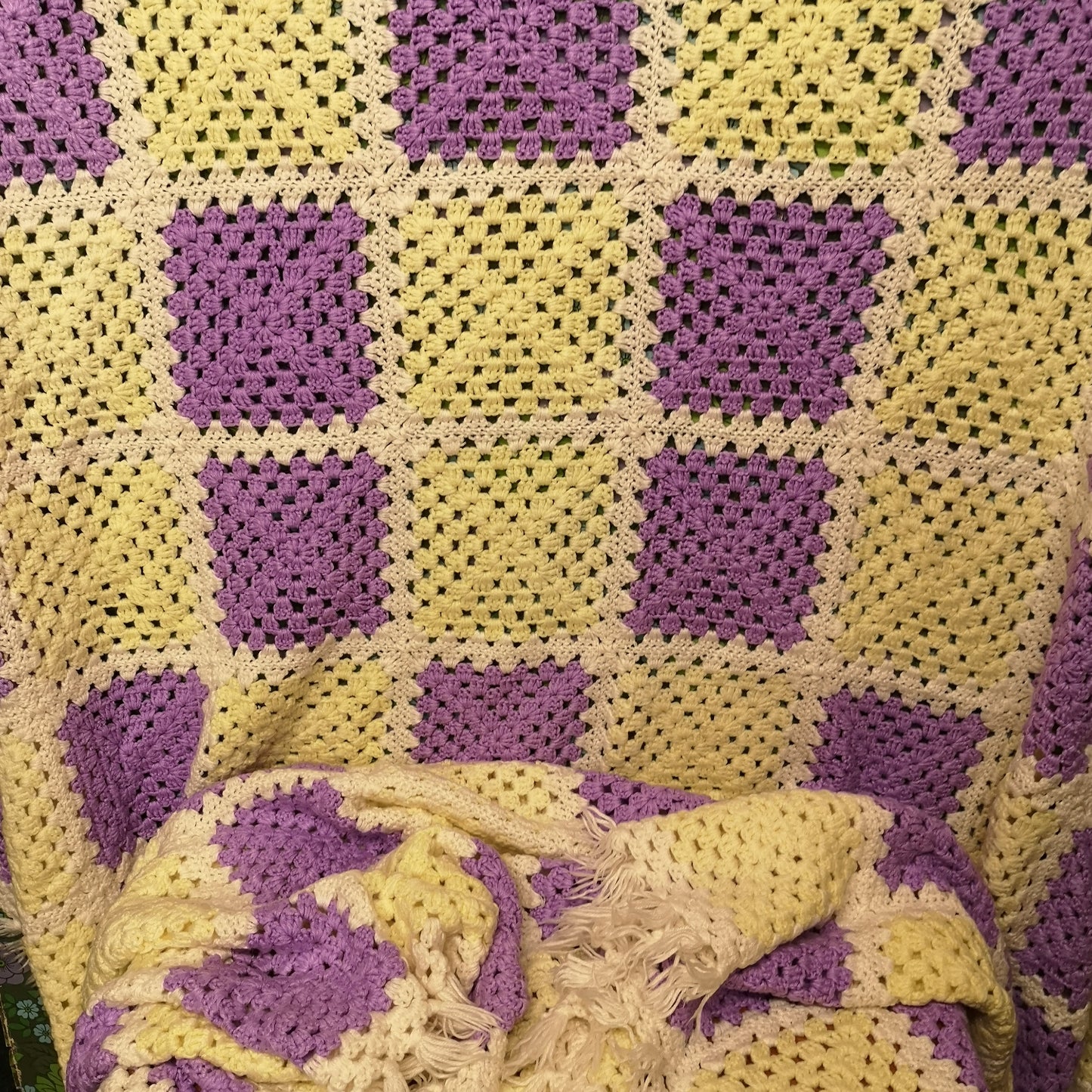 Purple Yellow Squares Afghan Knitted Fringed Blanket King Size Bedspread