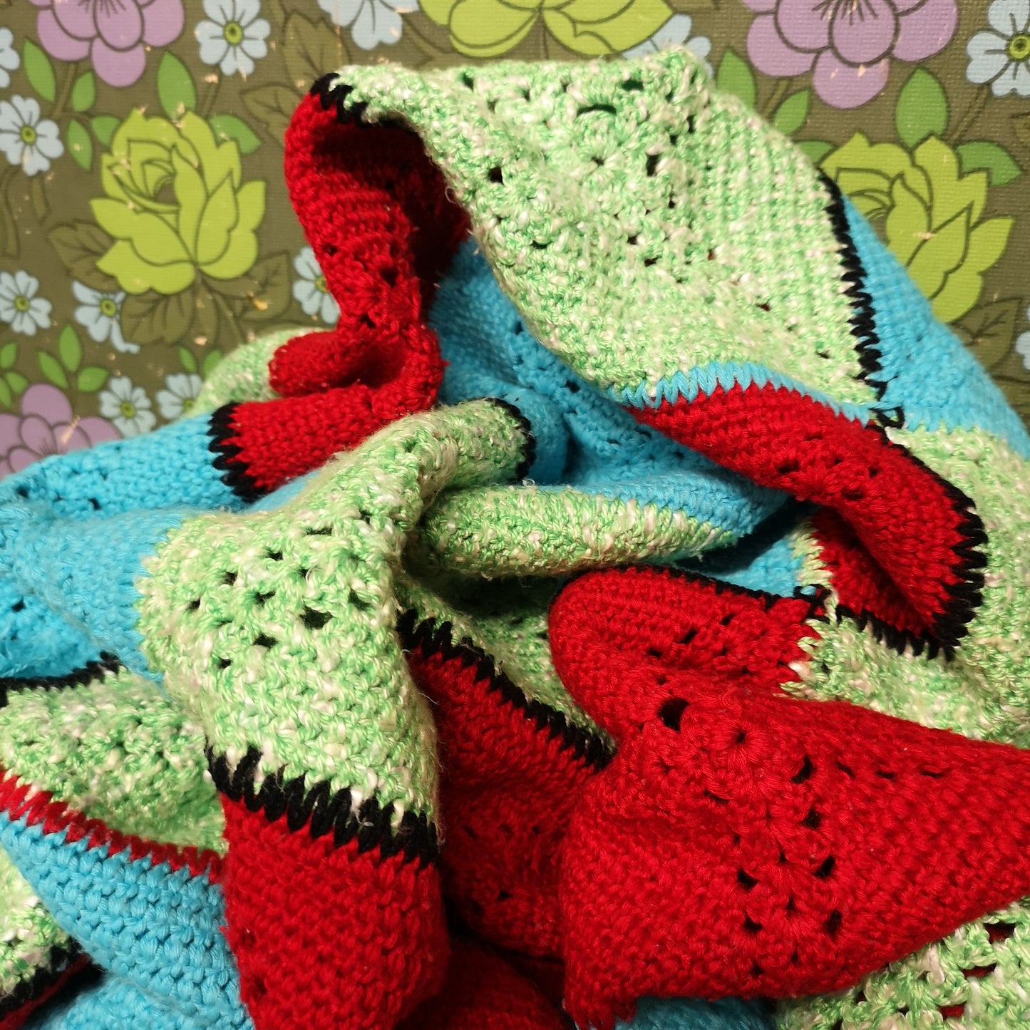 Granny Knitted Squares Patchwork Red Green Blue Single Bedspread