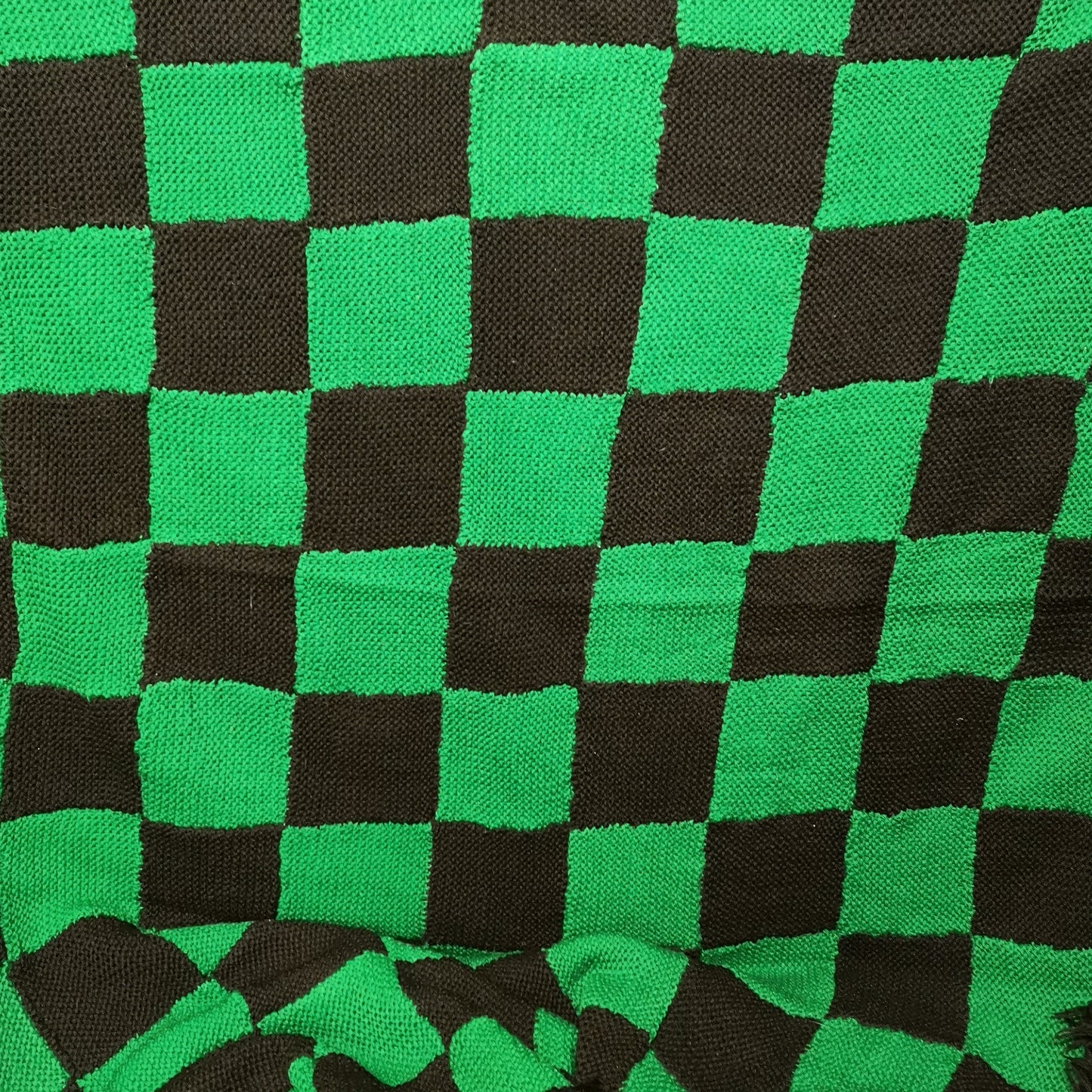 Green Black Checked Squares Patchwork Fringed Knitted Blanket