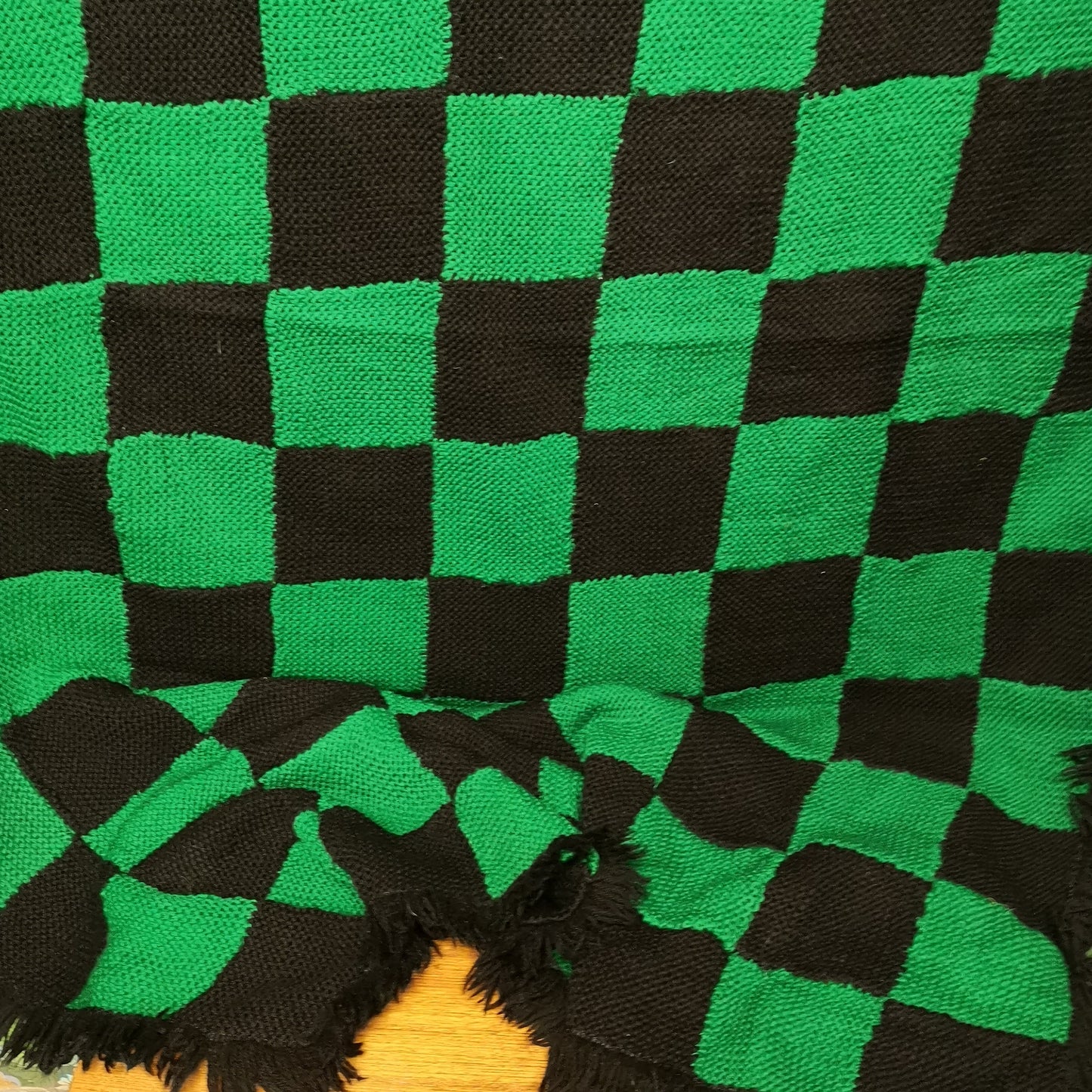 Green Black Checked Squares Patchwork Fringed Knitted Blanket