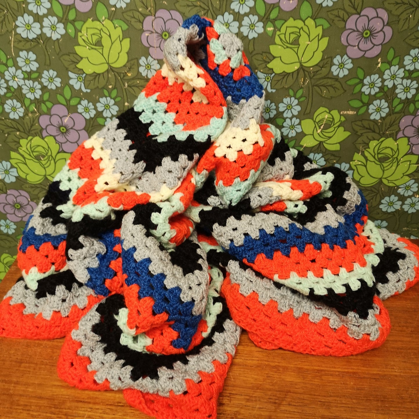 Square Orange Blue Stripy Knitted Retro Blanket Throw