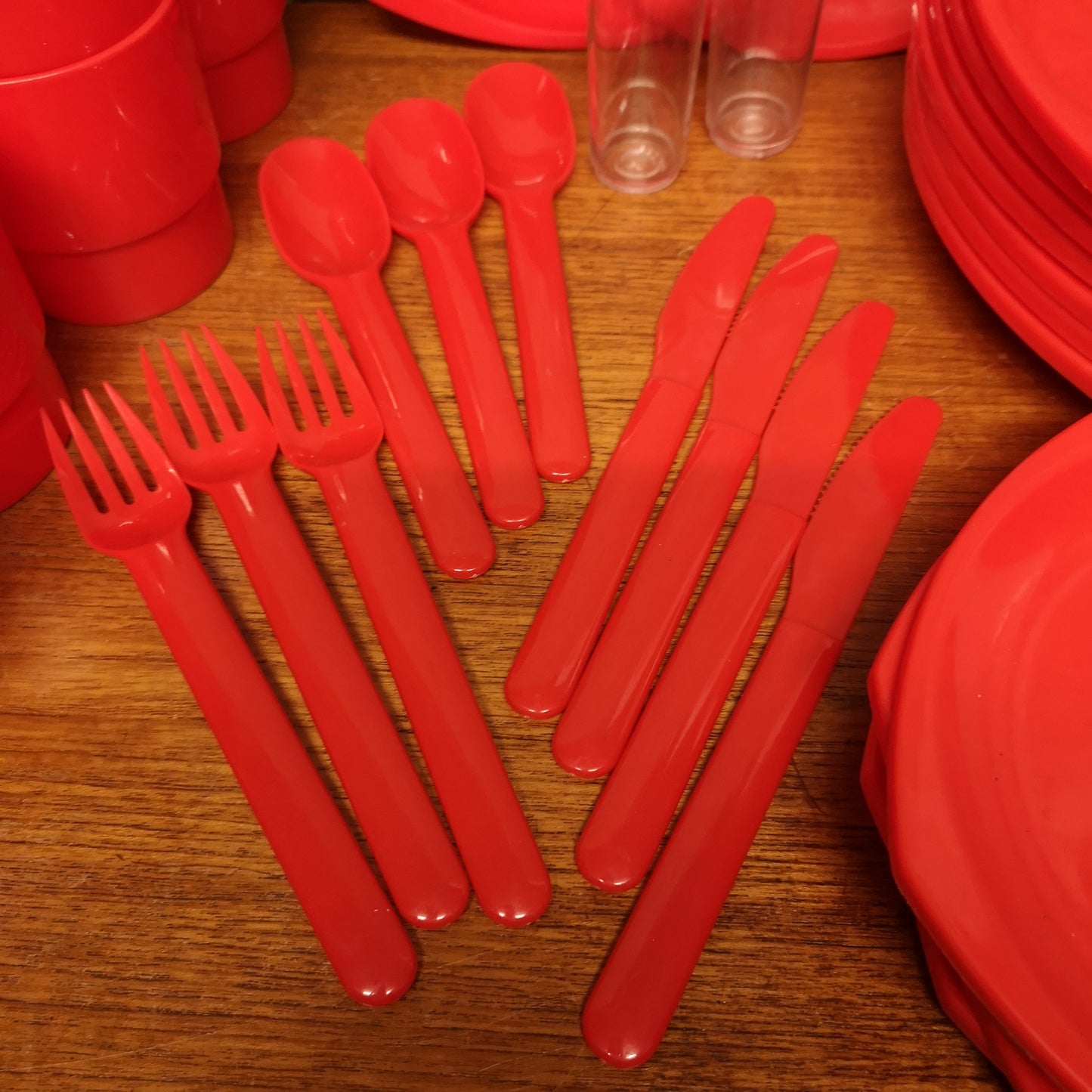 Red Plastic Picnic Camping Set Plates Cups Knives Forks Spoons