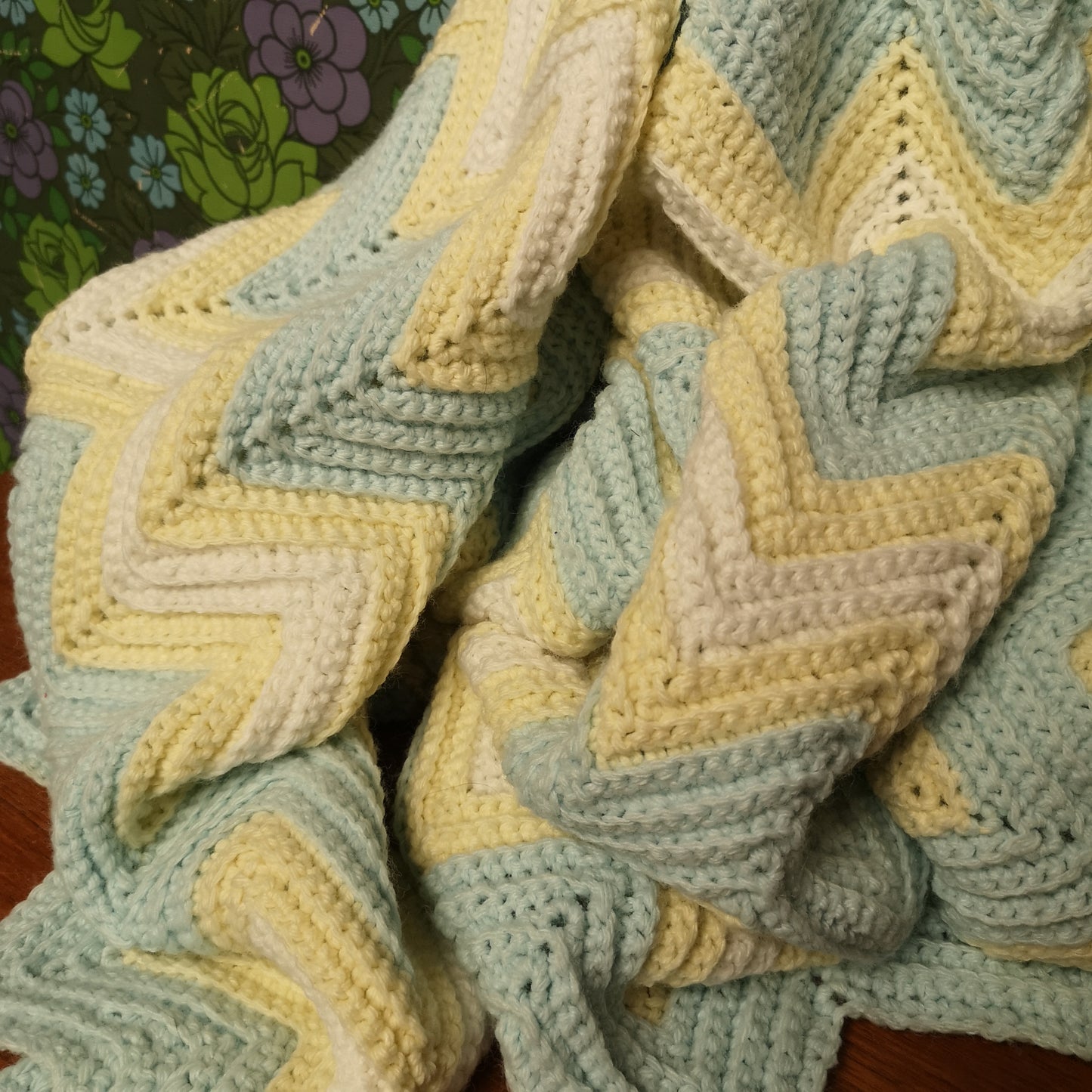 Pastel Blue Yellow Stripy Knitted Lap Blanket Throw