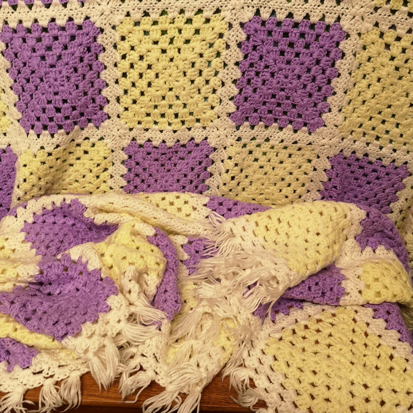 Purple Yellow Squares Afghan Knitted Fringed Blanket King Size Bedspread