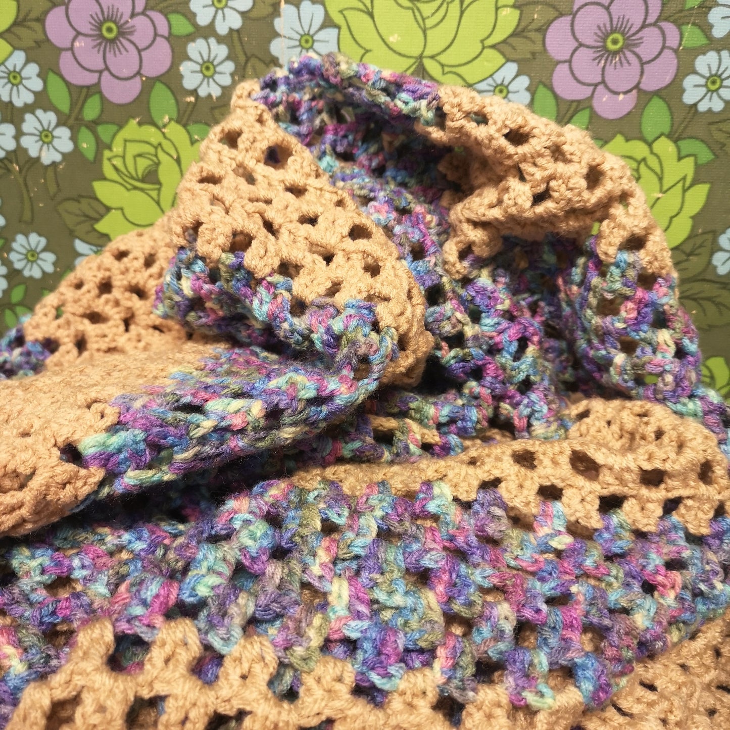 Purple Beige Brown Stripe Knitted Crochet Long King Blanket Throw Bedspread