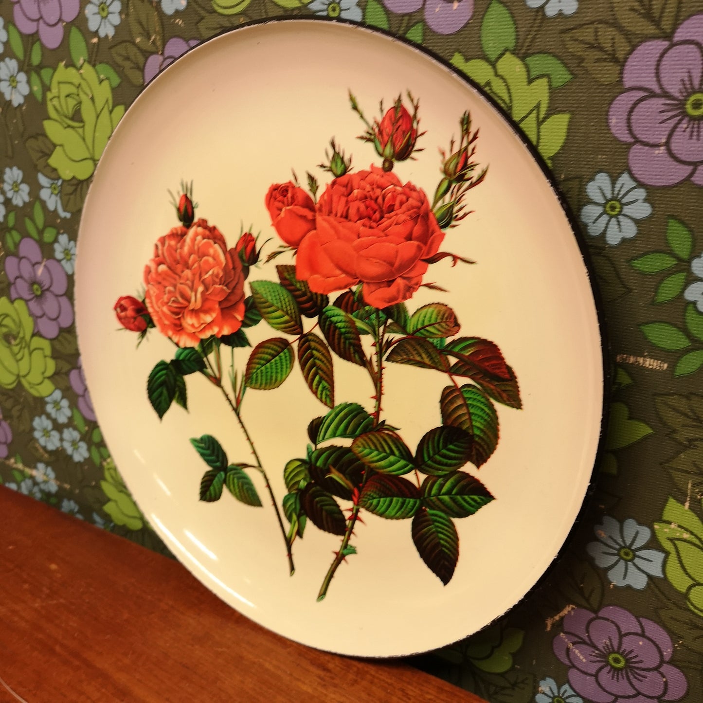 Vintage 50's Plastic Serving Drink Tray Rose Pattern