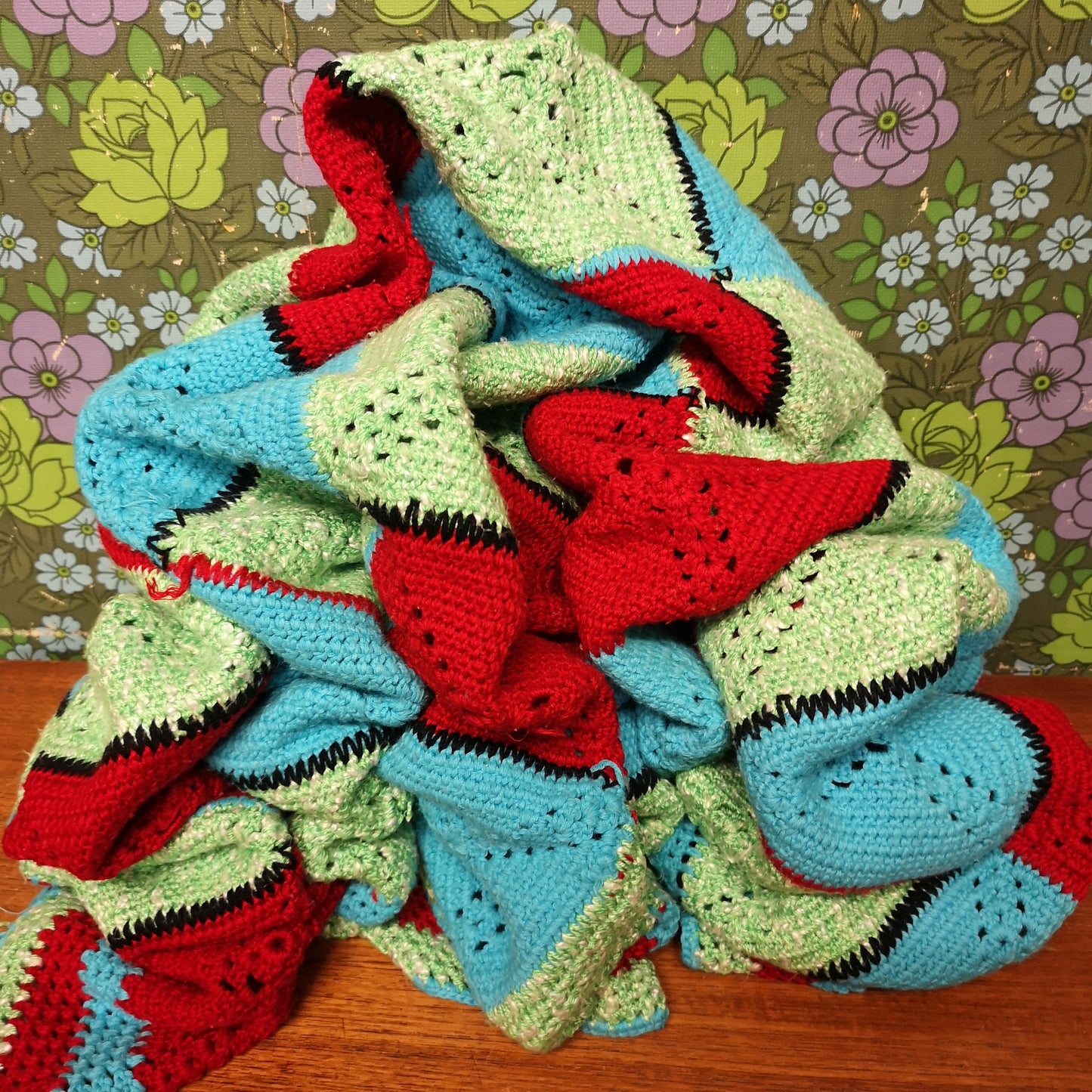 Granny Knitted Squares Patchwork Red Green Blue Single Bedspread