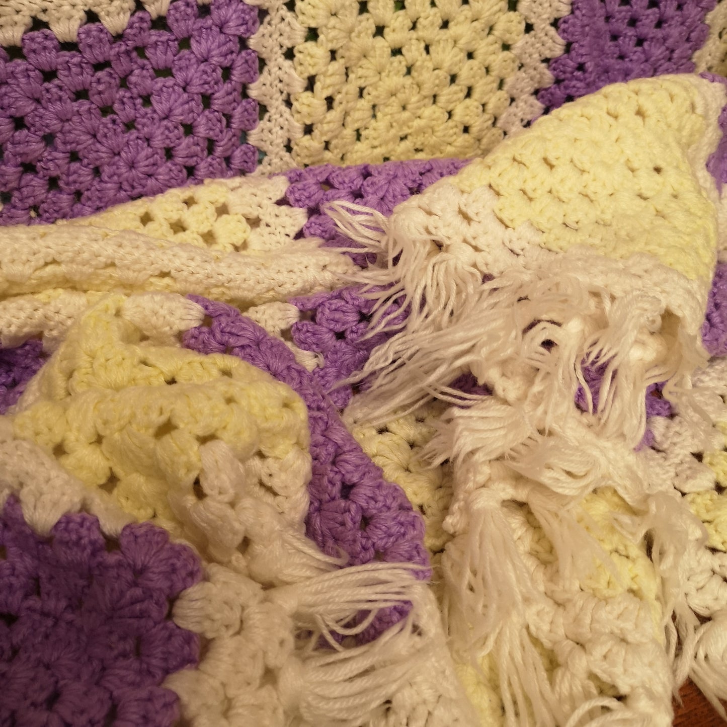 Purple Yellow Squares Afghan Knitted Fringed Blanket King Size Bedspread