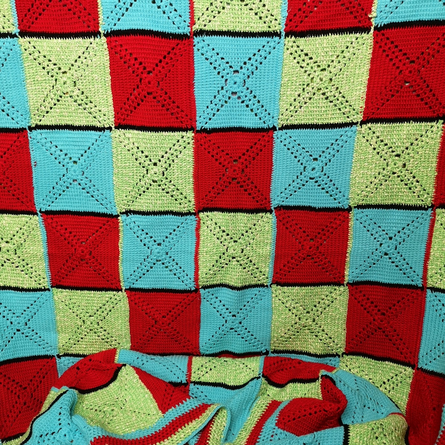Granny Knitted Squares Patchwork Red Green Blue Single Bedspread