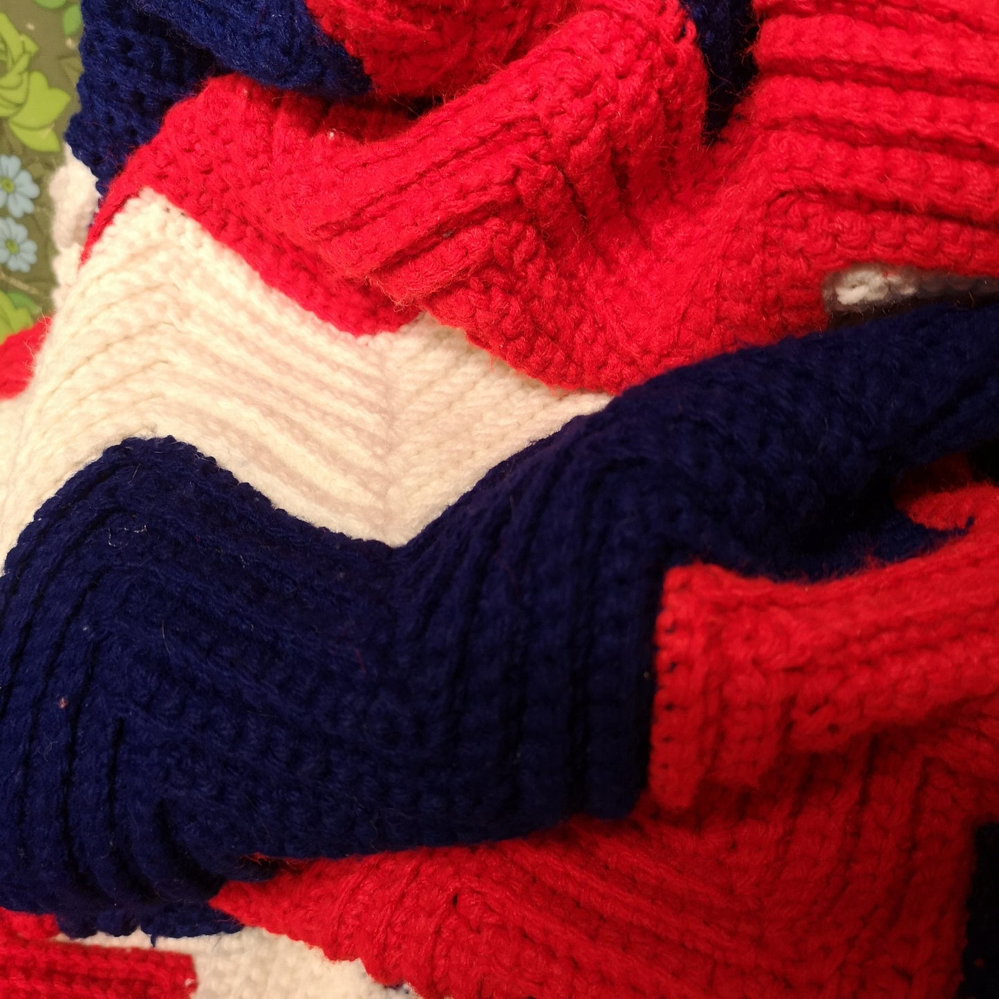 Red White Blue Stripy Zig Zag Knitted Blanket