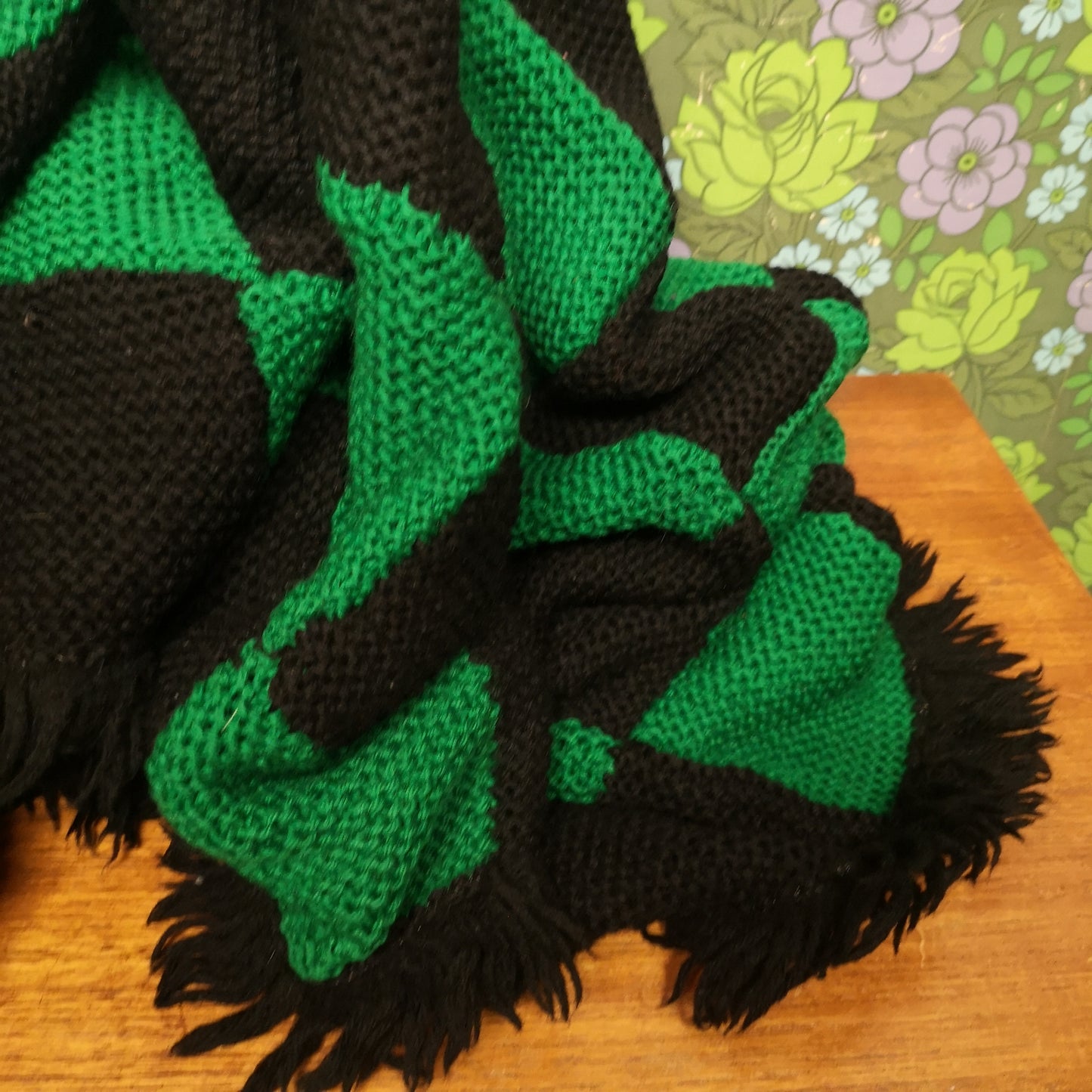 Green Black Checked Squares Patchwork Fringed Knitted Blanket