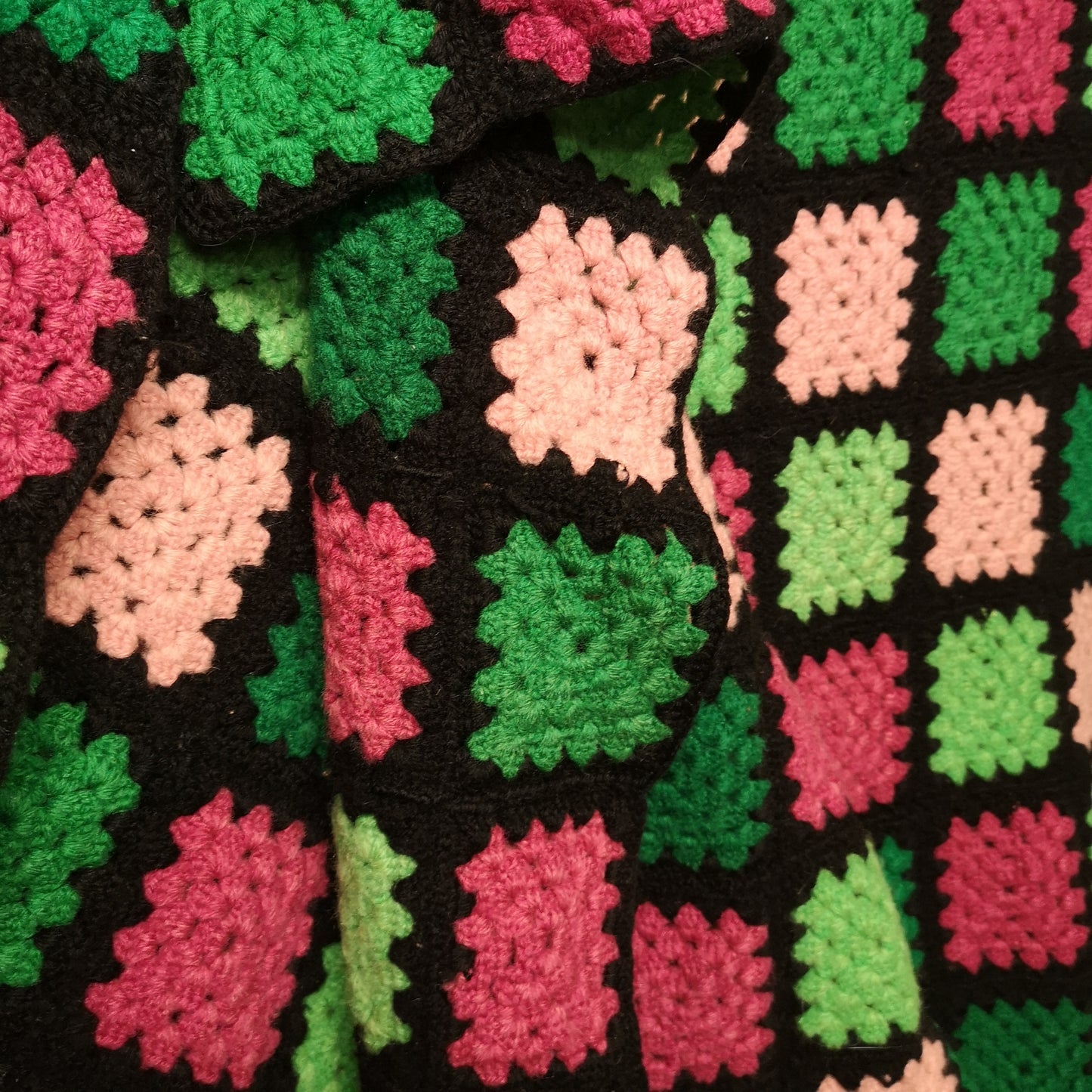 Pink Green granny Patchwork All Wool Knitted Crochet Single Blanket