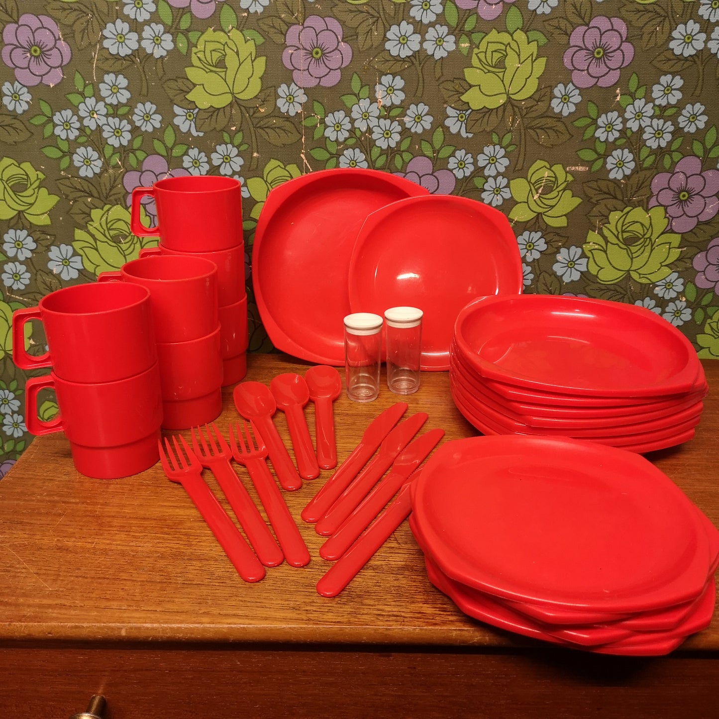 Red Plastic Picnic Camping Set Plates Cups Knives Forks Spoons