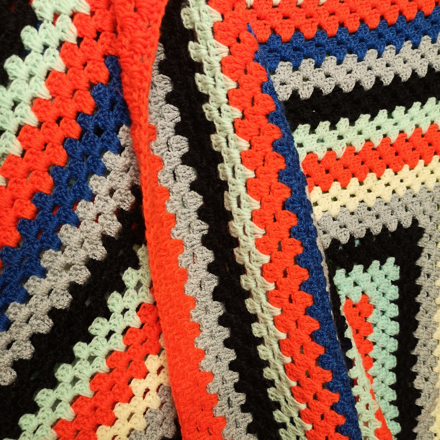 Square Orange Blue Stripy Knitted Retro Blanket Throw
