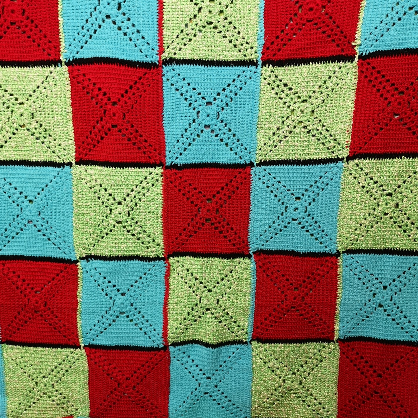 Granny Knitted Squares Patchwork Red Green Blue Single Bedspread
