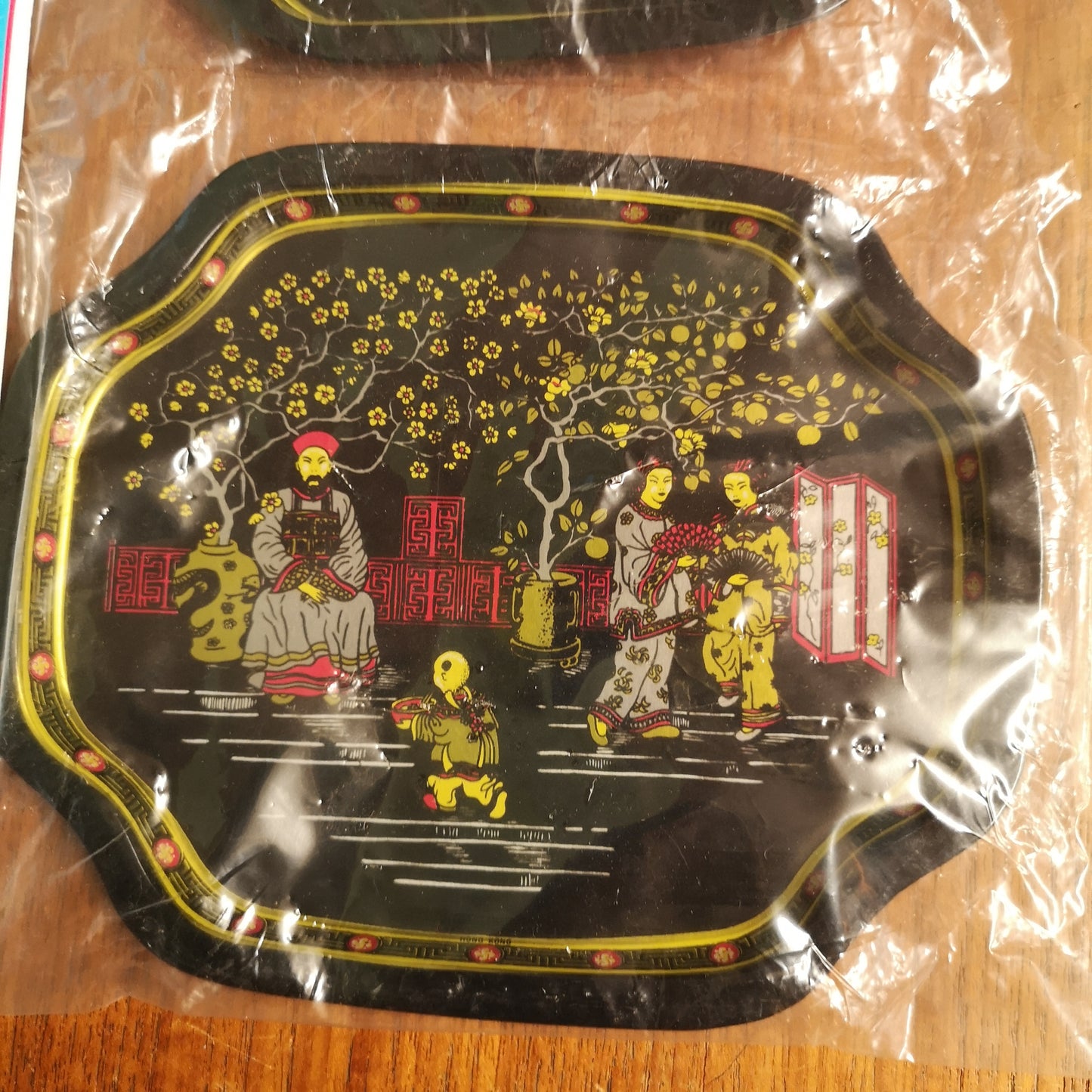 Set of Two Vintage Black Metal Tin Serving Plates Tray Dynasty
