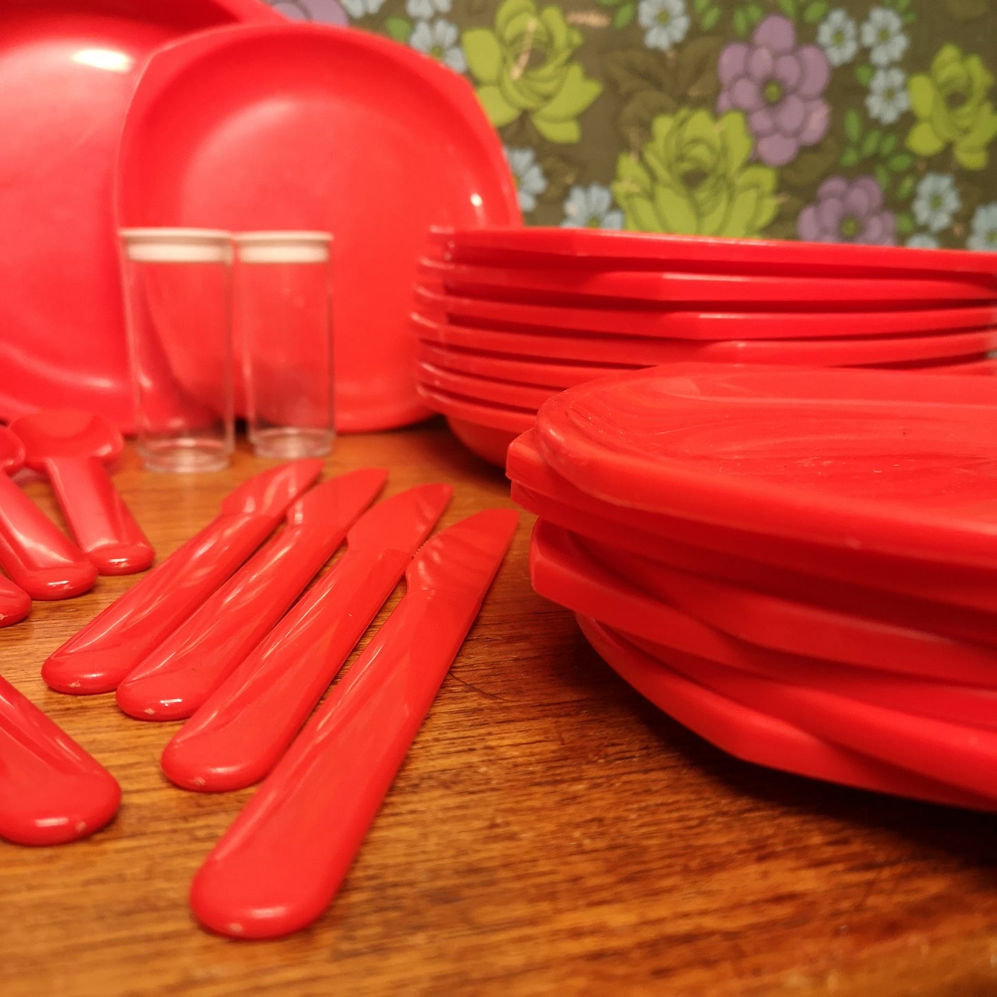 Red Plastic Picnic Camping Set Plates Cups Knives Forks Spoons