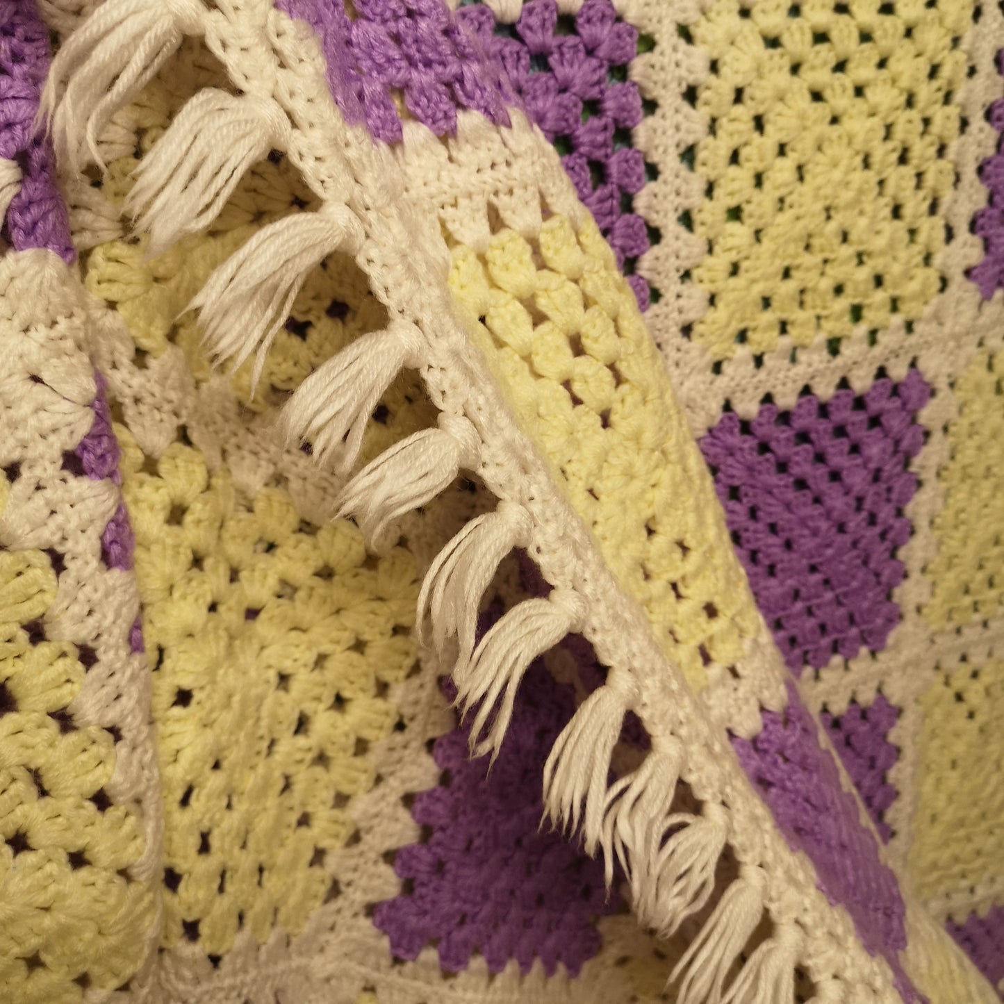 Purple Yellow Squares Afghan Knitted Fringed Blanket King Size Bedspread