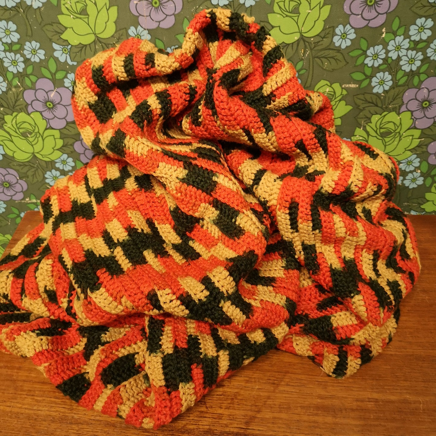 Green Orange Yellow Mottled Effect Knitted Blanket Bedspread