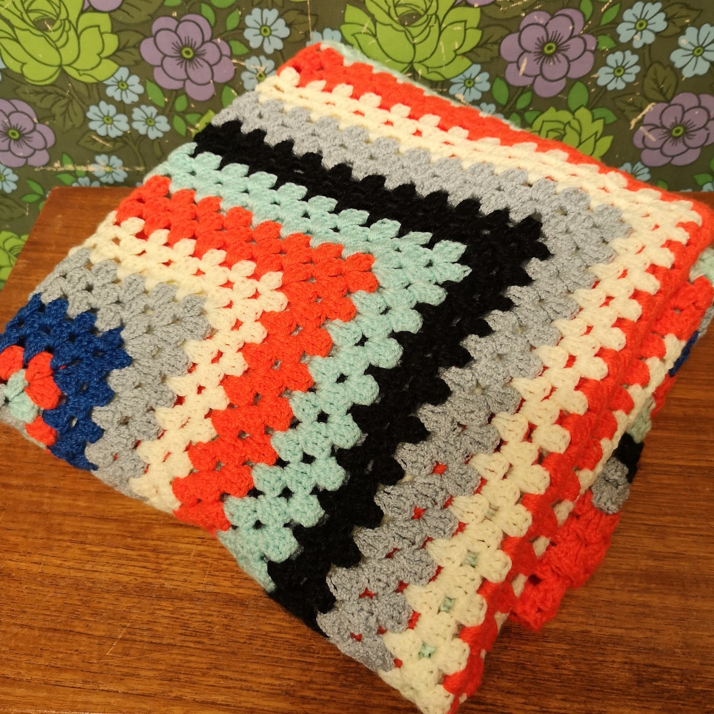 Square Orange Blue Stripy Knitted Retro Blanket Throw