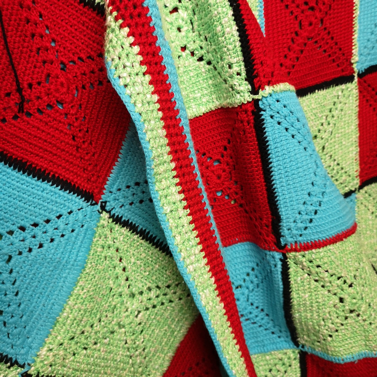 Granny Knitted Squares Patchwork Red Green Blue Single Bedspread