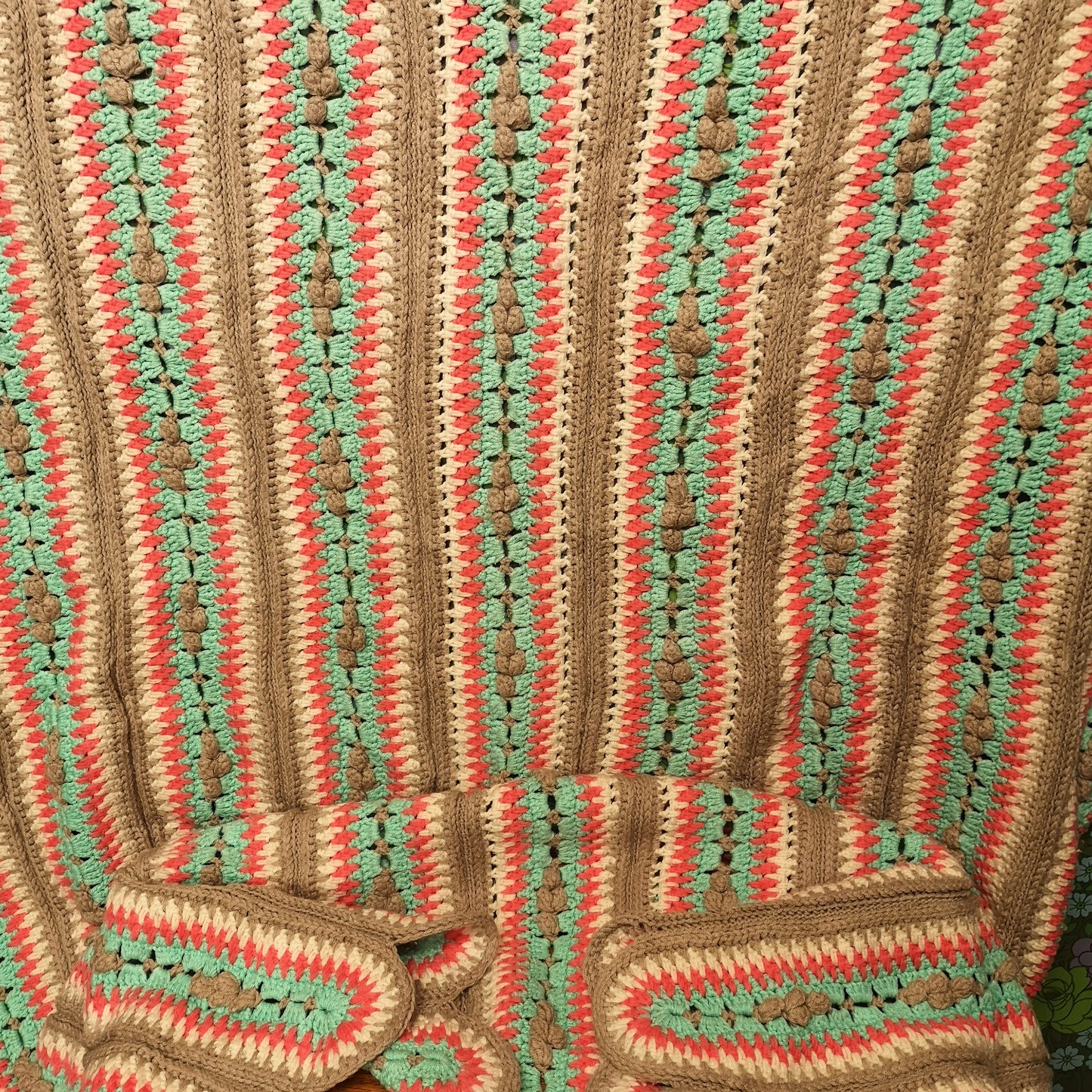 Stripy Knitted Green Pink Beige Texture Bedspread Blanket Throw