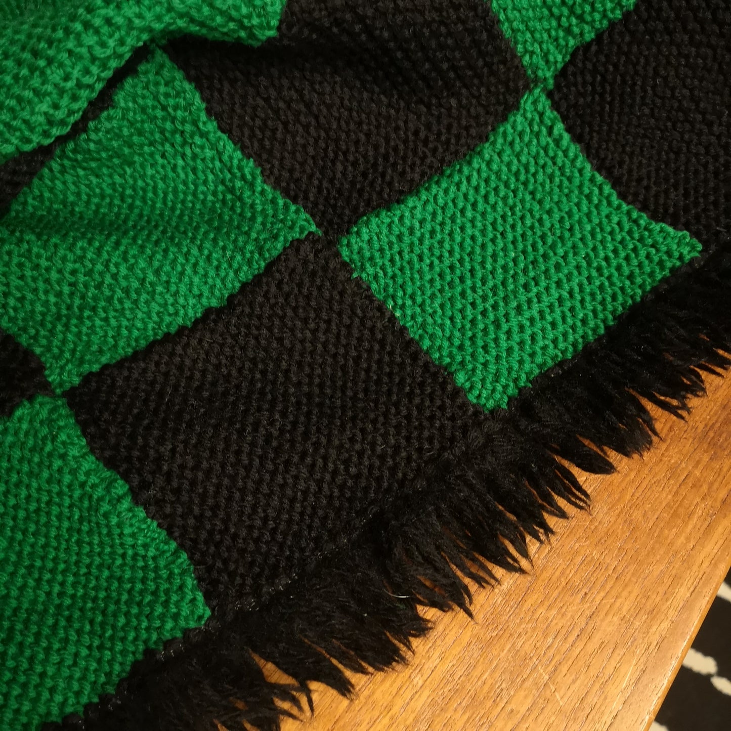 Green Black Checked Squares Patchwork Fringed Knitted Blanket
