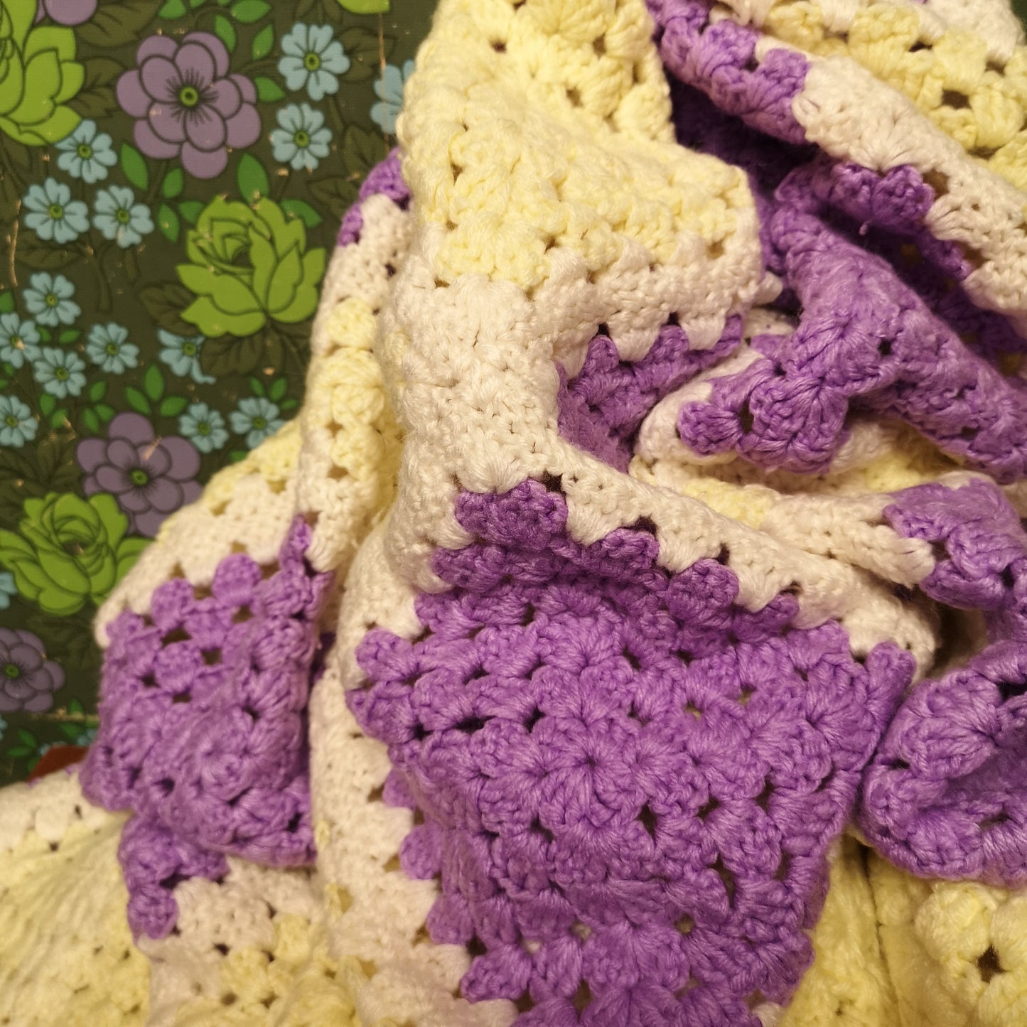 Purple Yellow Squares Afghan Knitted Fringed Blanket King Size Bedspread