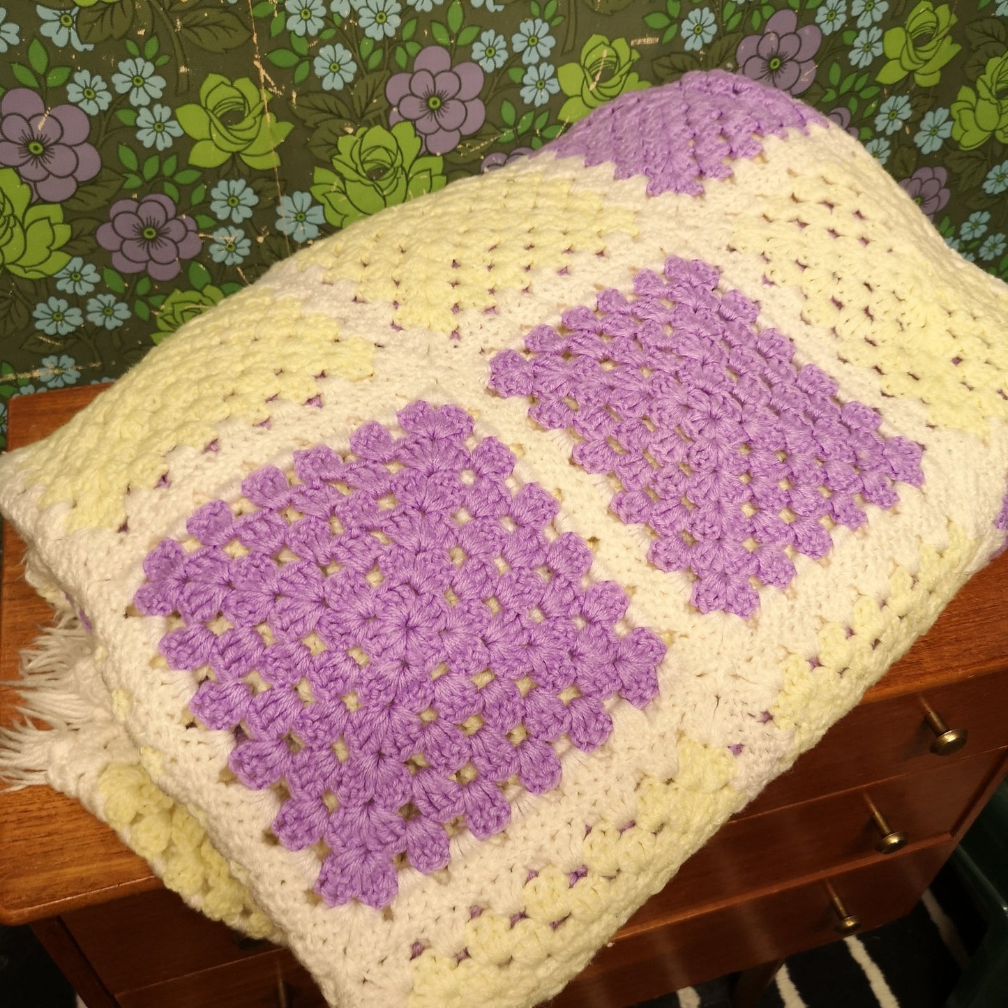 Purple Yellow Squares Afghan Knitted Fringed Blanket King Size Bedspread