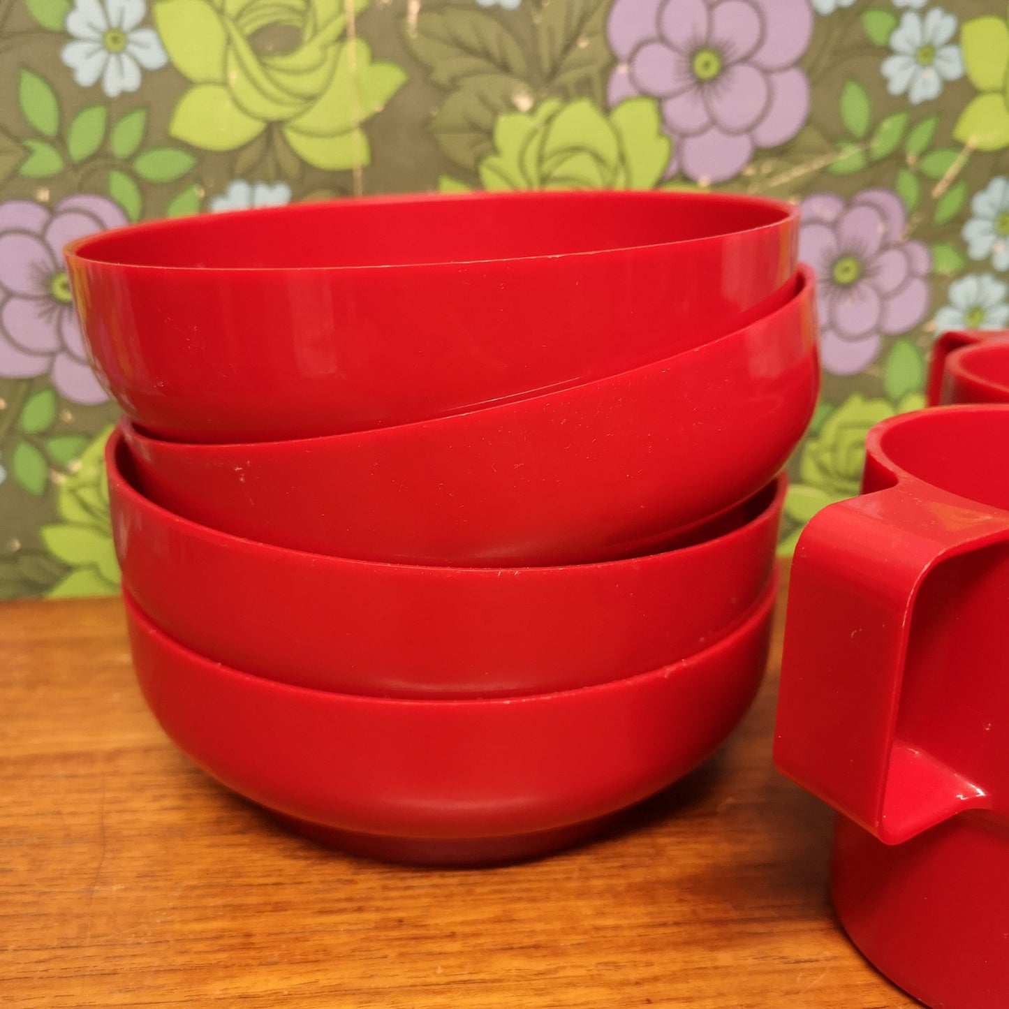 Red Plastic Picnic Camping Set Bowls and Cups