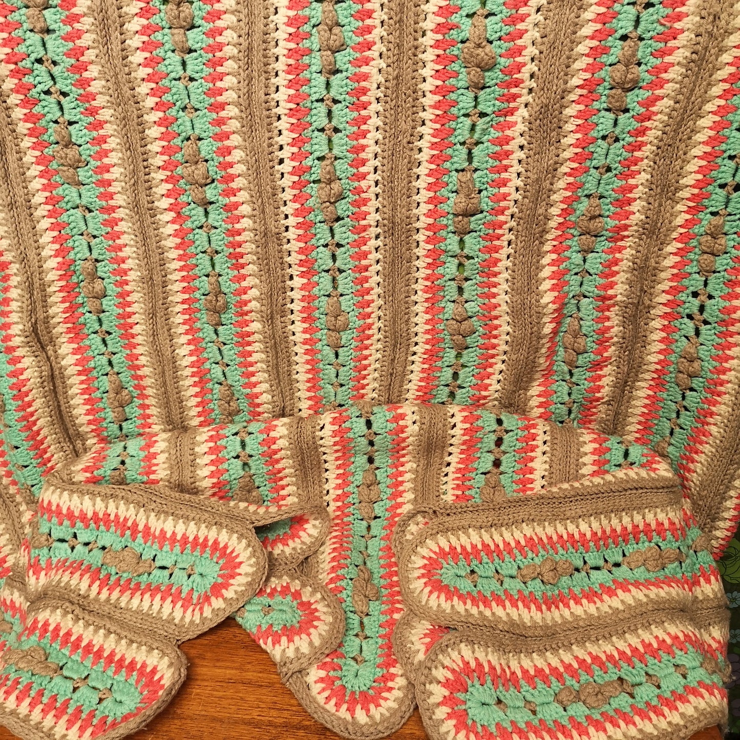 Stripy Knitted Green Pink Beige Texture Bedspread Blanket Throw