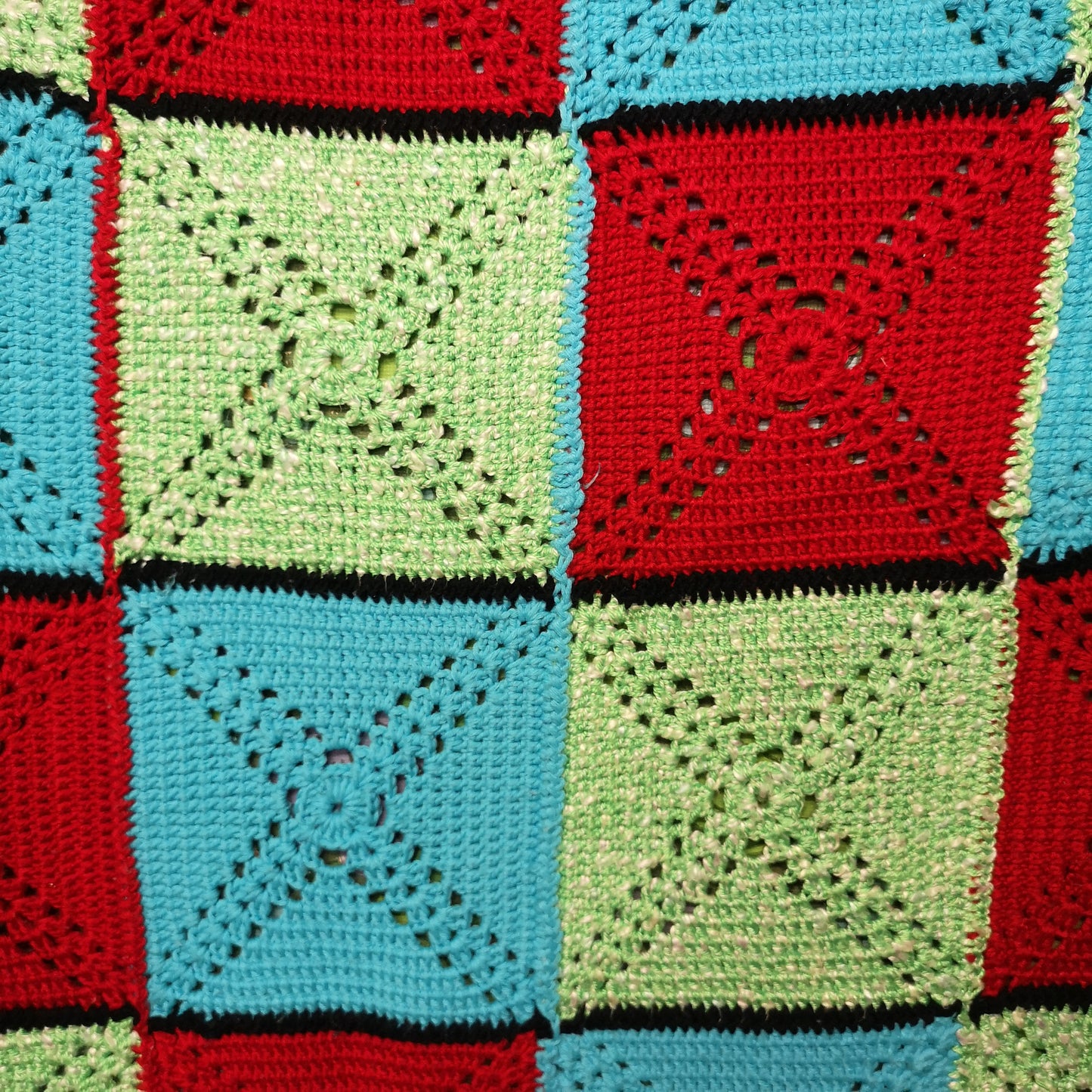 Granny Knitted Squares Patchwork Red Green Blue Single Bedspread