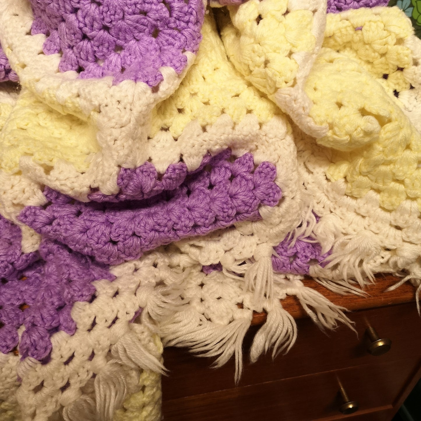 Purple Yellow Squares Afghan Knitted Fringed Blanket King Size Bedspread