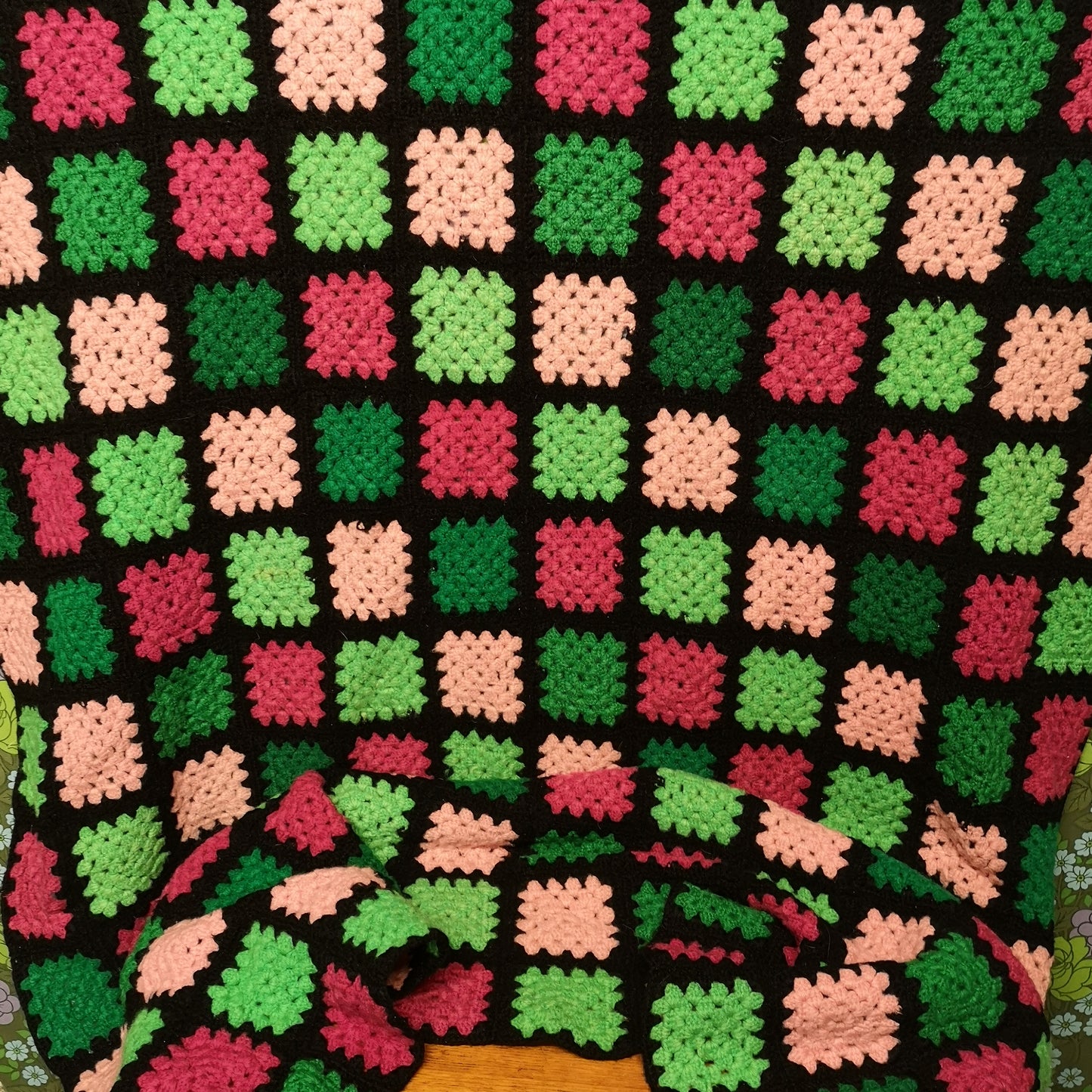 Pink Green granny Patchwork All Wool Knitted Crochet Single Blanket