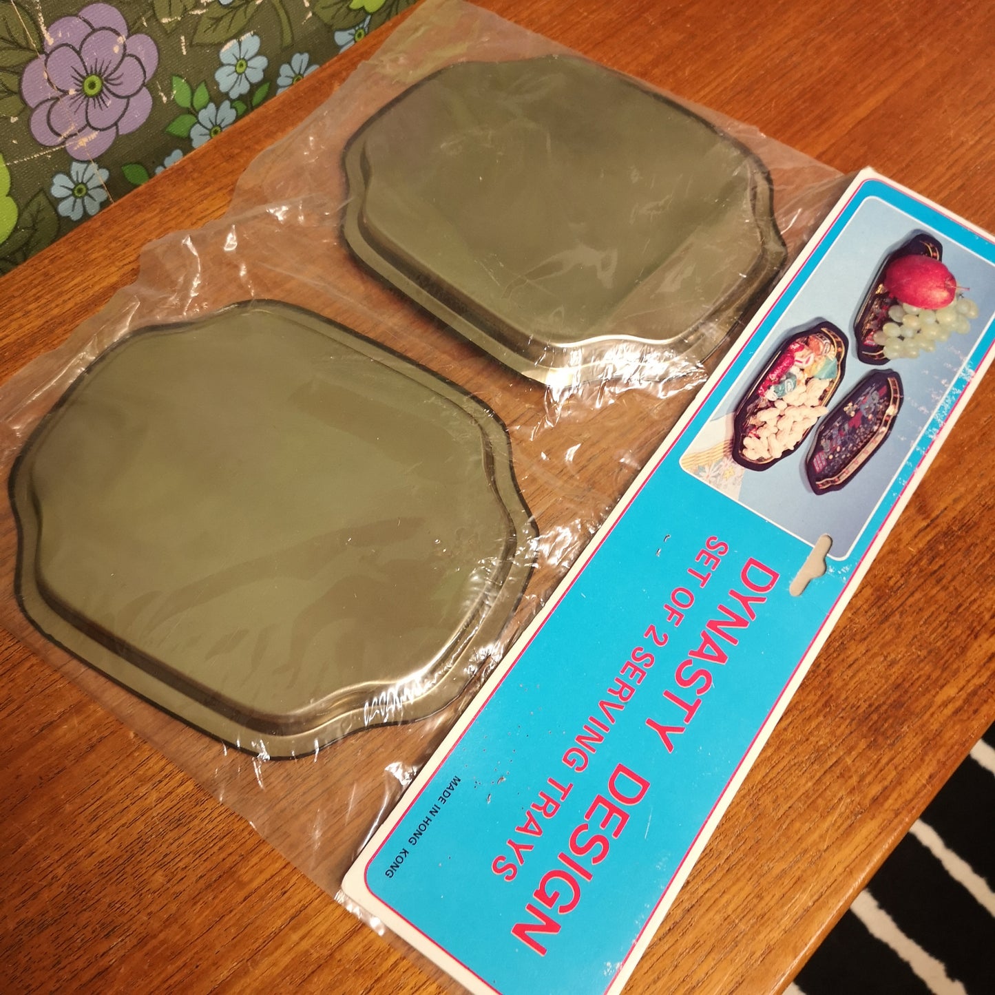 Set of Two Vintage Black Metal Tin Serving Plates Tray Dynasty