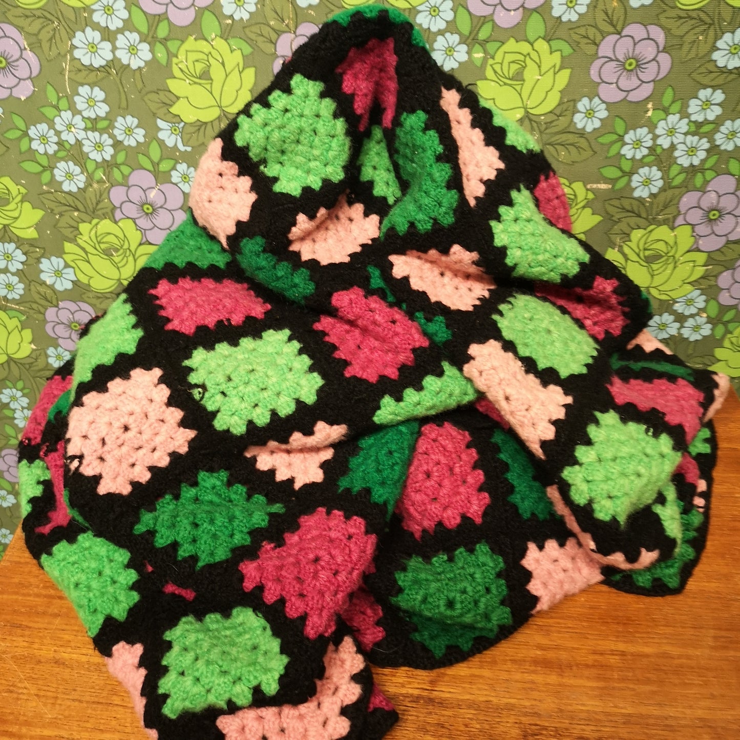 Pink Green granny Patchwork All Wool Knitted Crochet Single Blanket