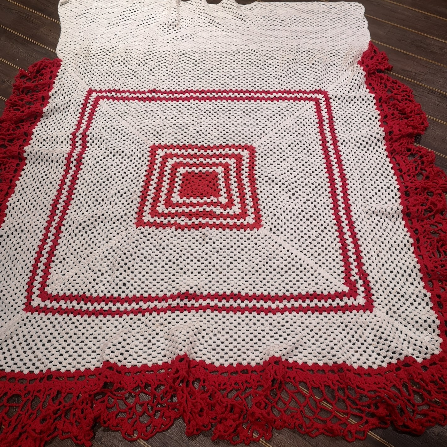 Red White Bedspread Vintage Knitted Crochet Double Bed Blanket Throw