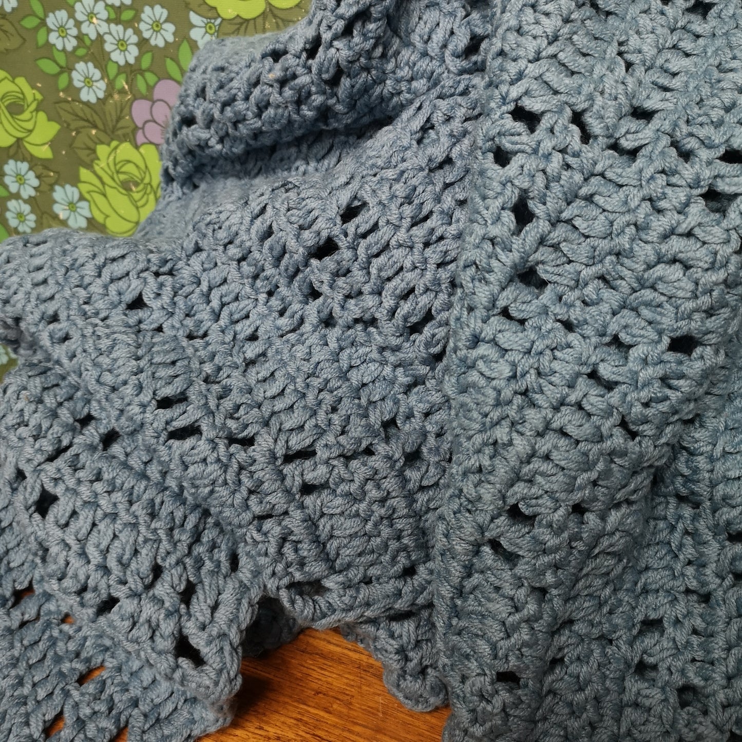 Long Blue Knitted Chunky Diamond Pattern Blanket Throw Bedspread