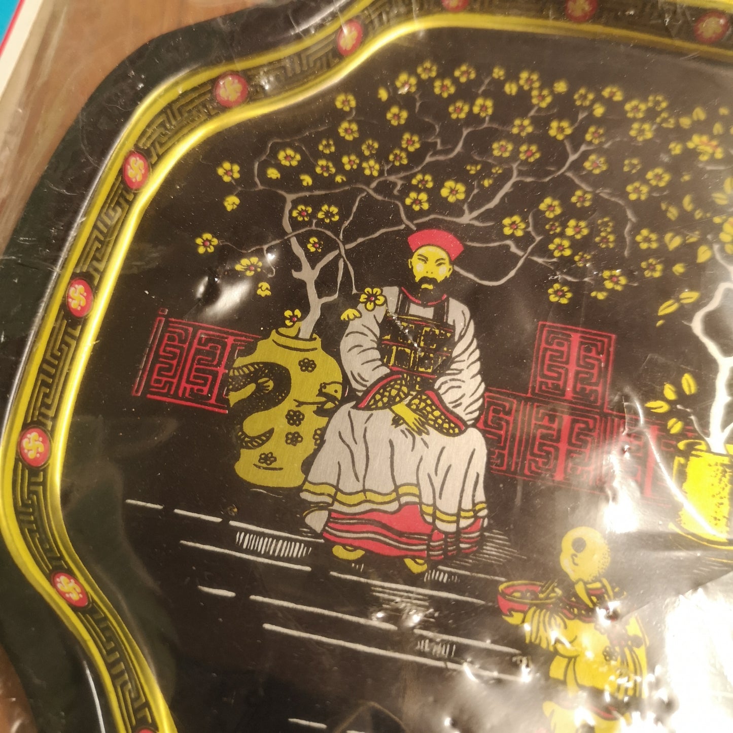 Set of Two Vintage Black Metal Tin Serving Plates Tray Dynasty