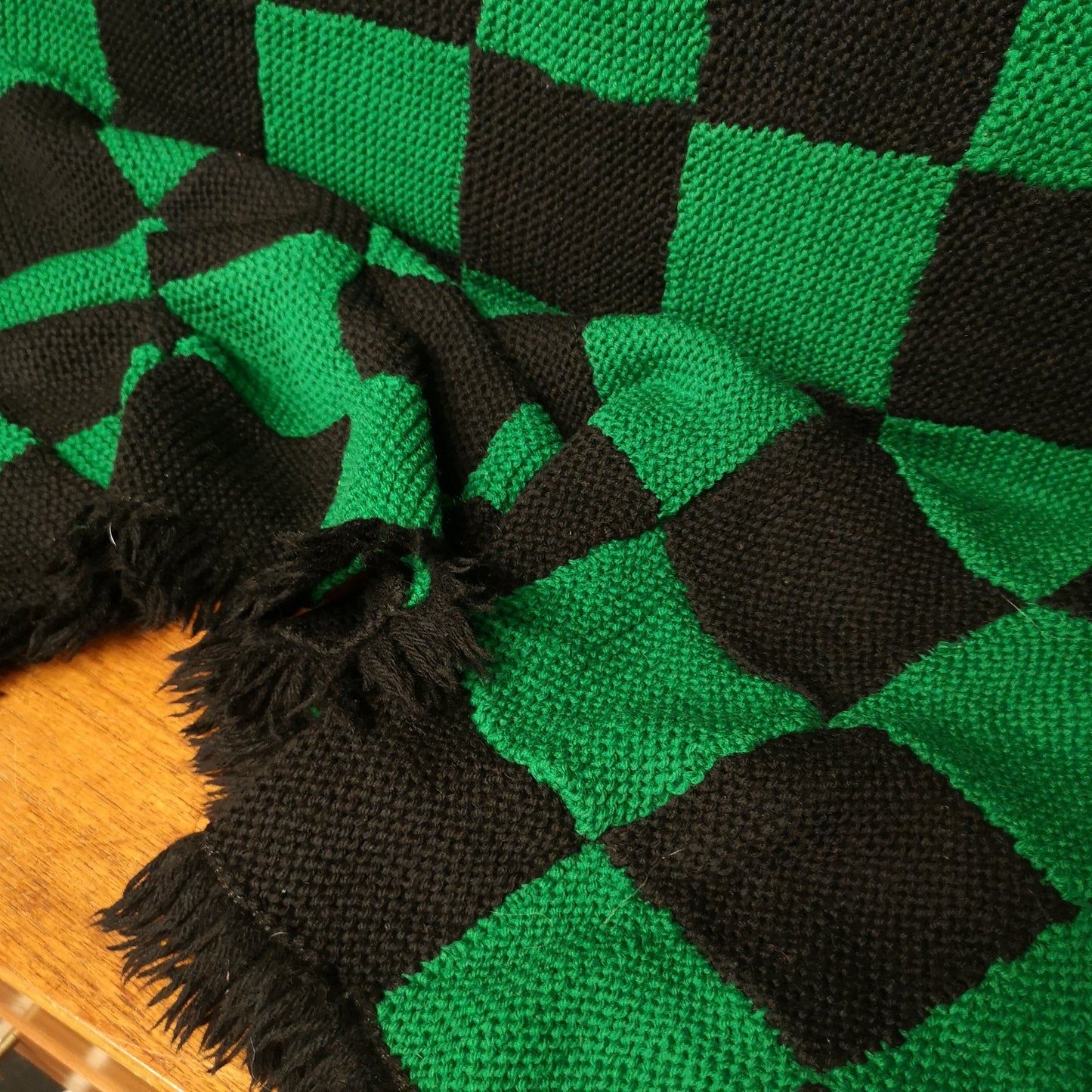 Green Black Checked Squares Patchwork Fringed Knitted Blanket