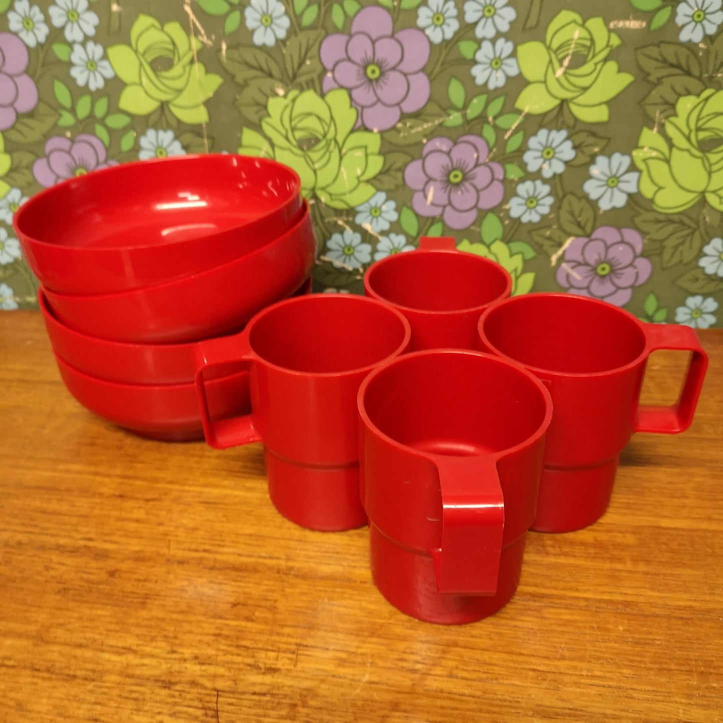 Red Plastic Picnic Camping Set Bowls and Cups
