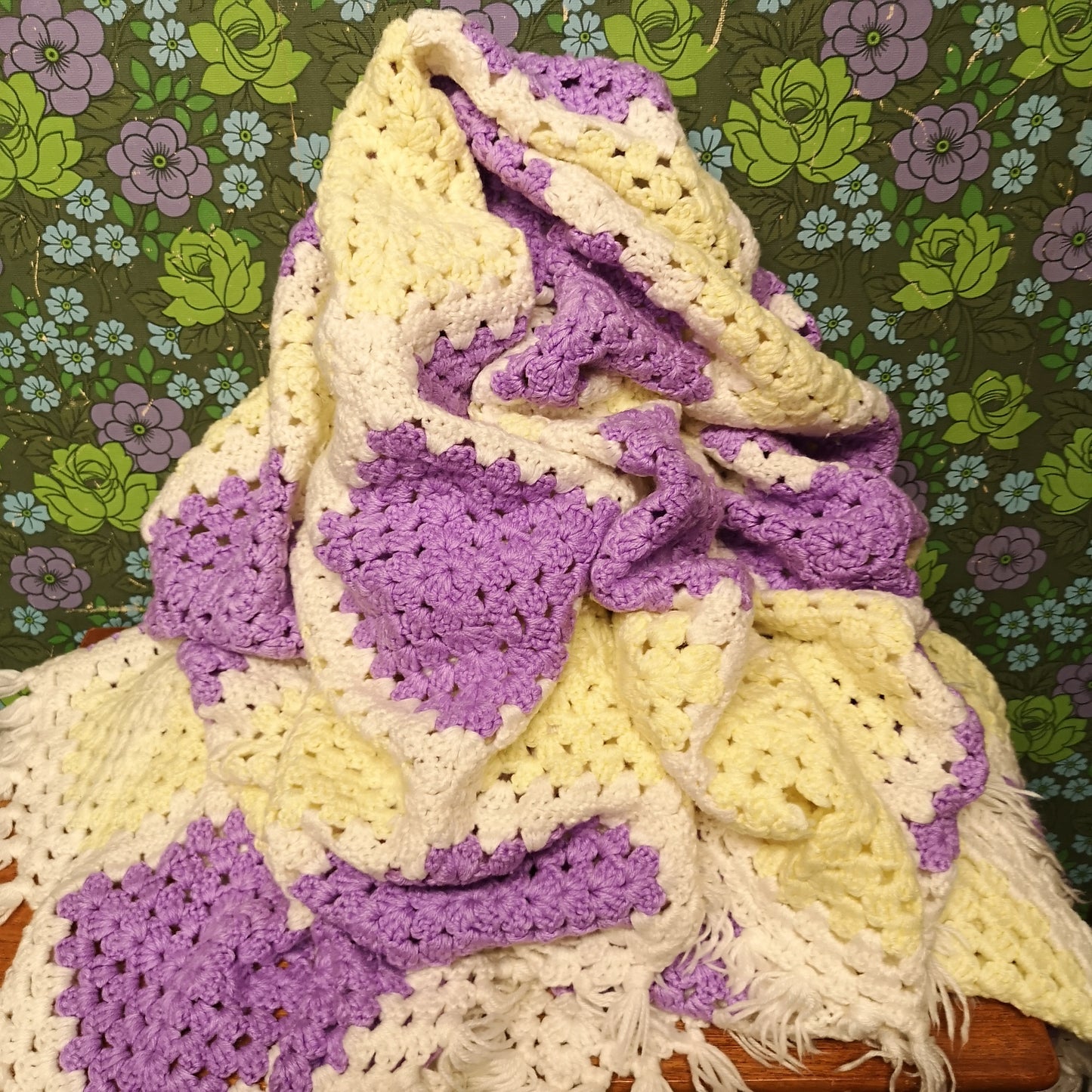 Purple Yellow Squares Afghan Knitted Fringed Blanket King Size Bedspread