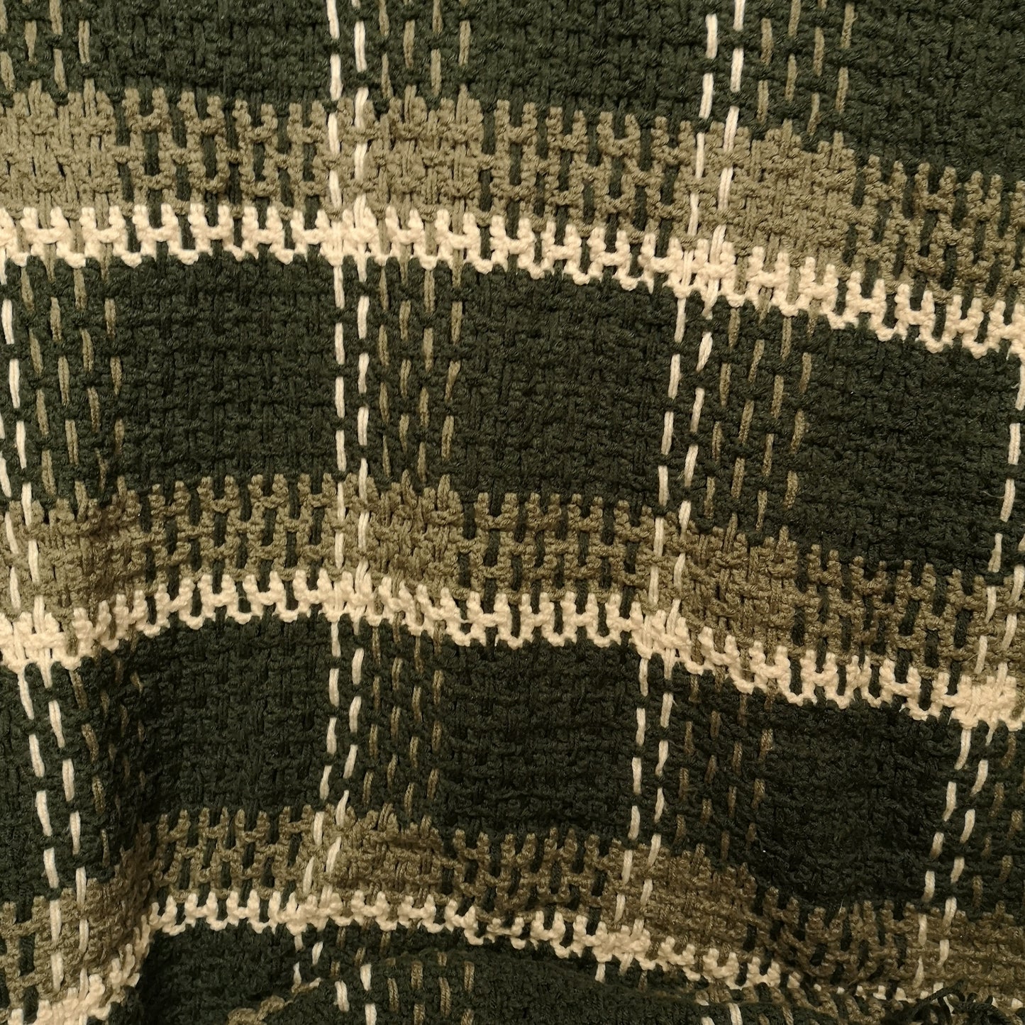 Green Grey Checked Basket effect Knitted Blanket Bedspread