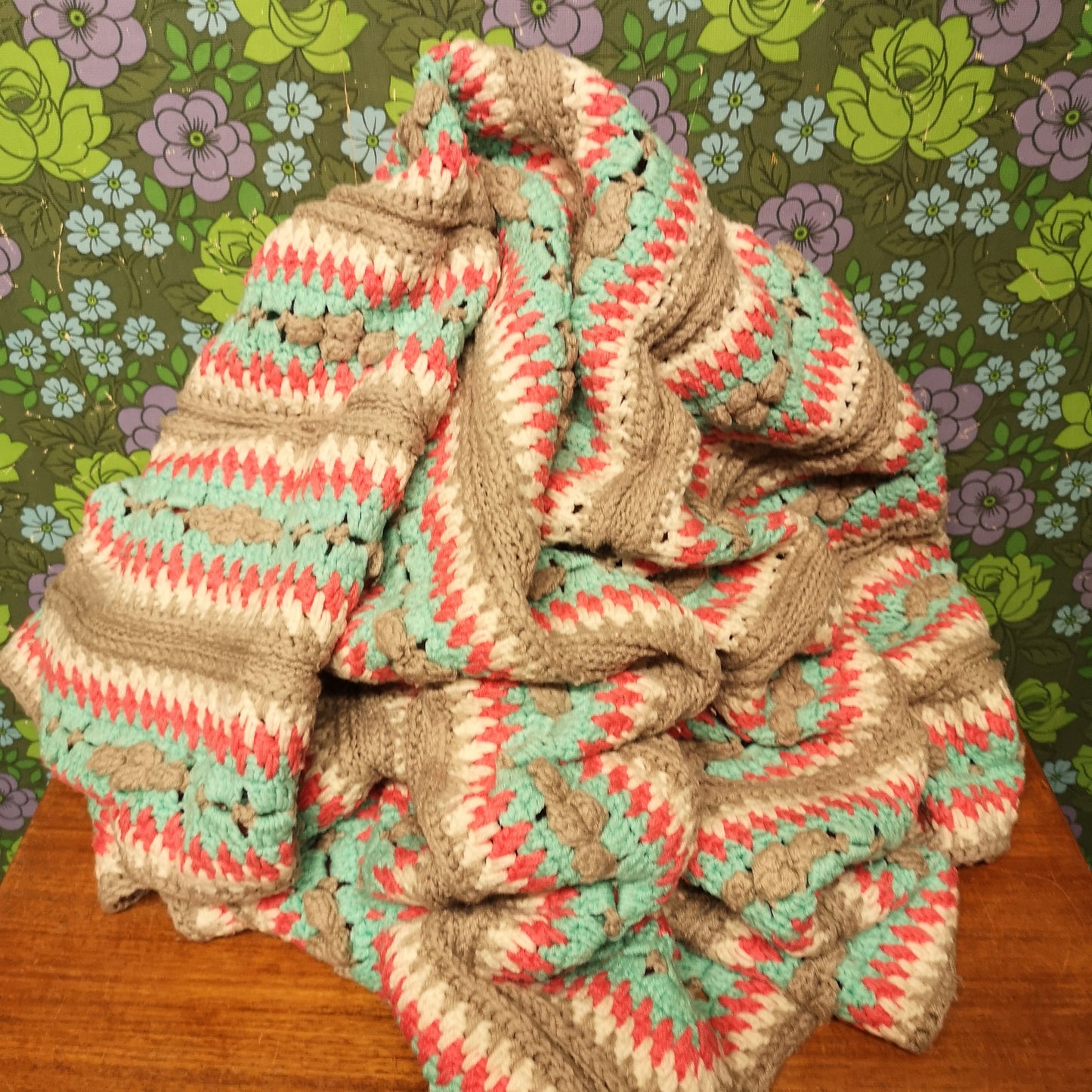 Stripy Knitted Green Pink Beige Texture Bedspread Blanket Throw