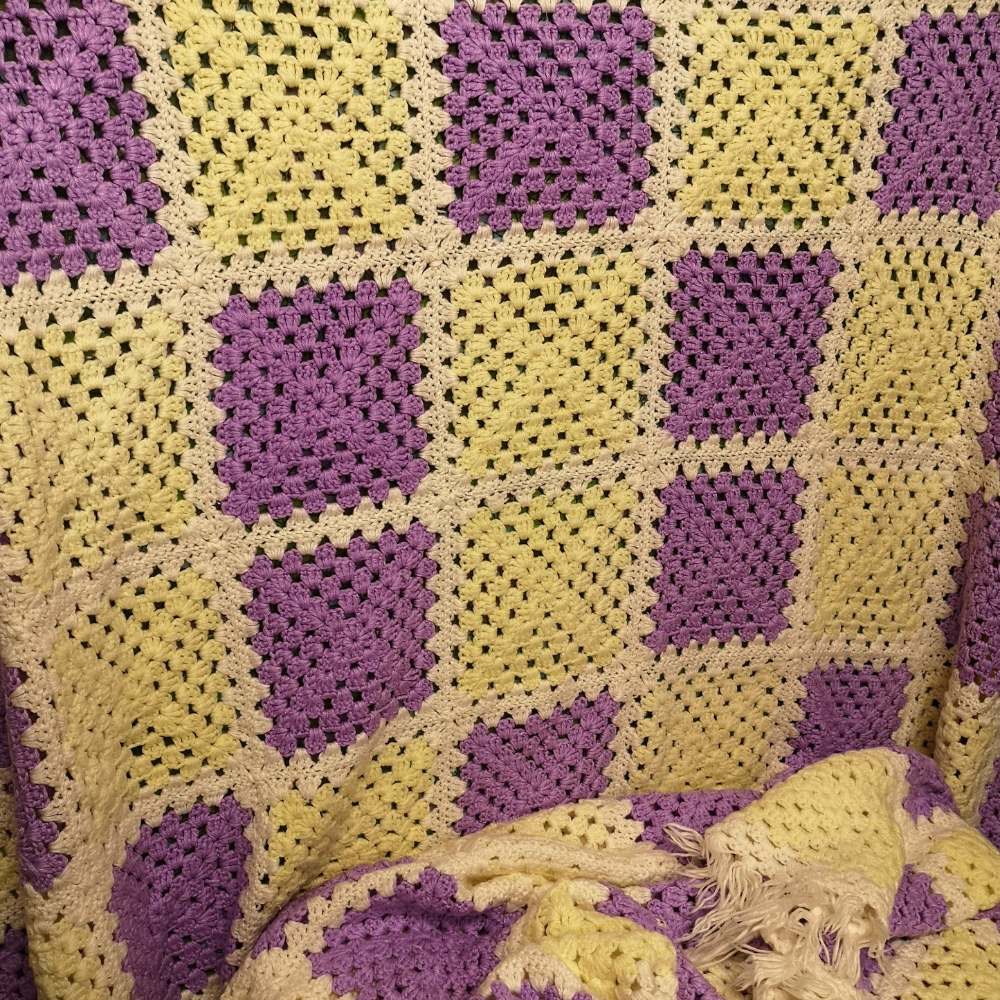 Purple Yellow Squares Afghan Knitted Fringed Blanket King Size Bedspread